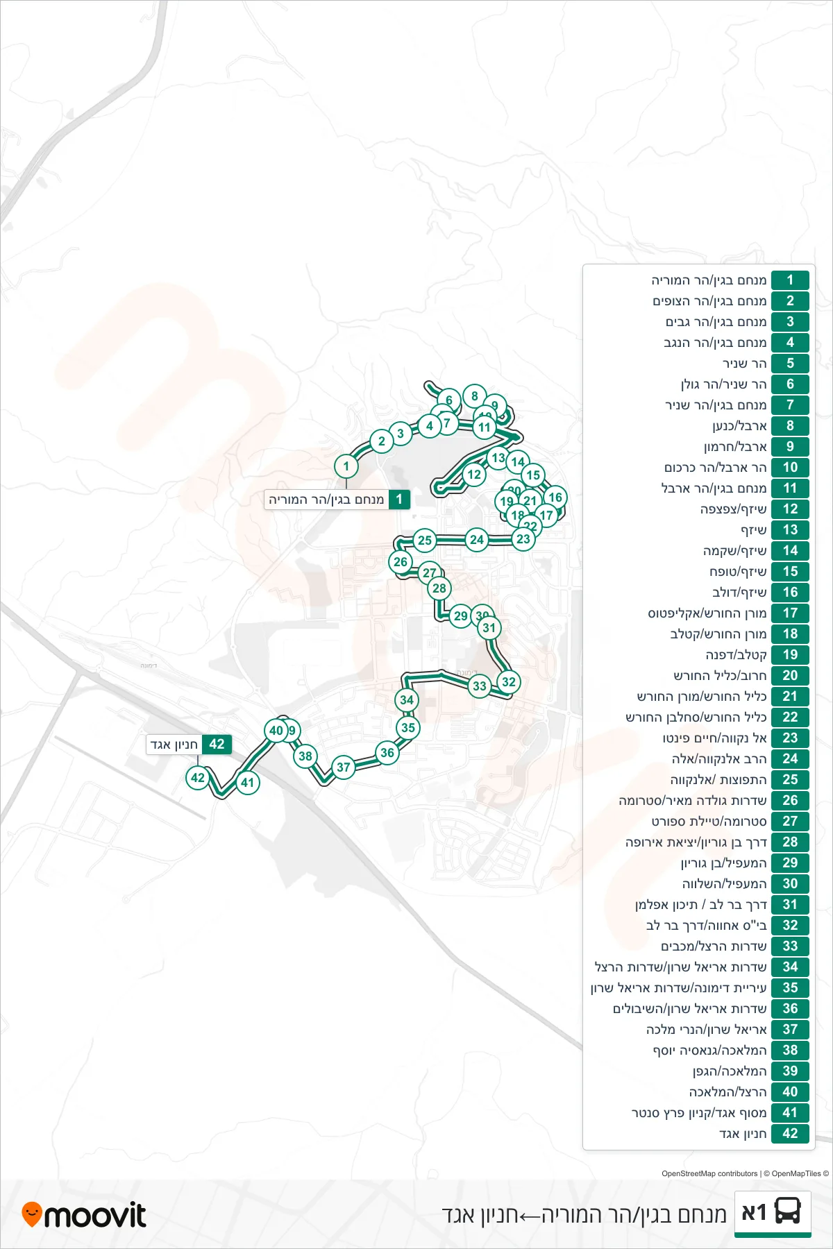 1A bus Line (Menachem Begin/Har HaMoriah‎→Egged Parking Lot) route and stops on a map