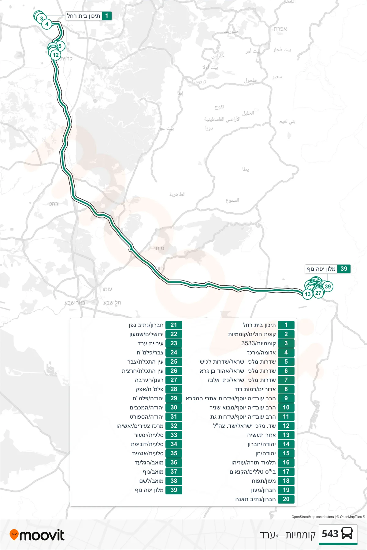 543 bus Line (Komemiyut‎→Arad) route and stops on a map