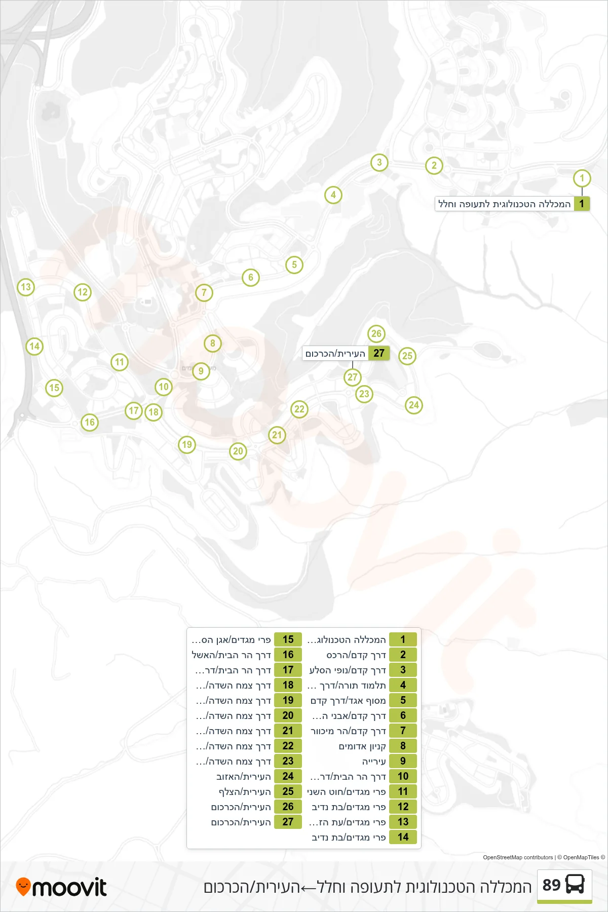 89 bus Line (Aerospace Technology College‎→HaIrit/HaKarkom) route and stops on a map