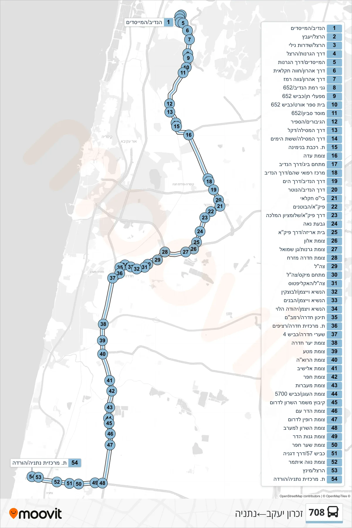708 bus Line (Zikhron Ya'akov‎→Netanya) route and stops on a map
