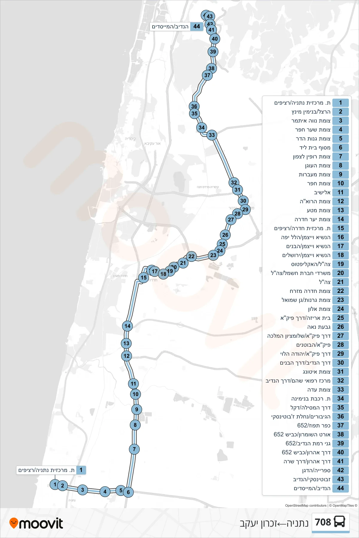 708 bus Line (Netanya‎→Zikhron Ya'akov) route and stops on a map