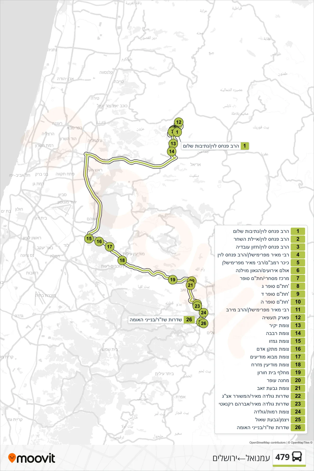 479 bus Line (Emmanuel‎→Jerusalem) route and stops on a map