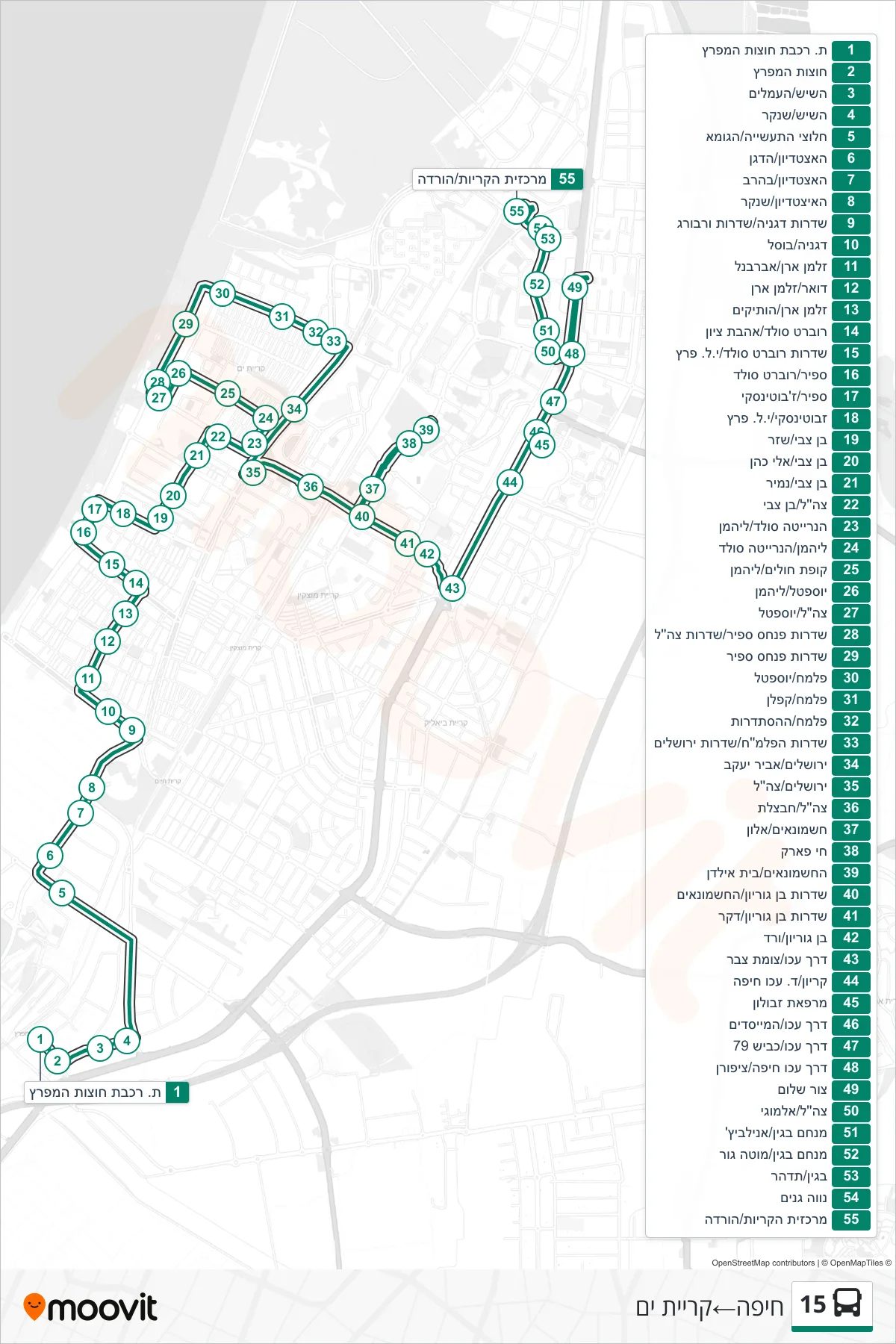 15  Line (Haifa‎→Kiryat Yam) route and stops on a map