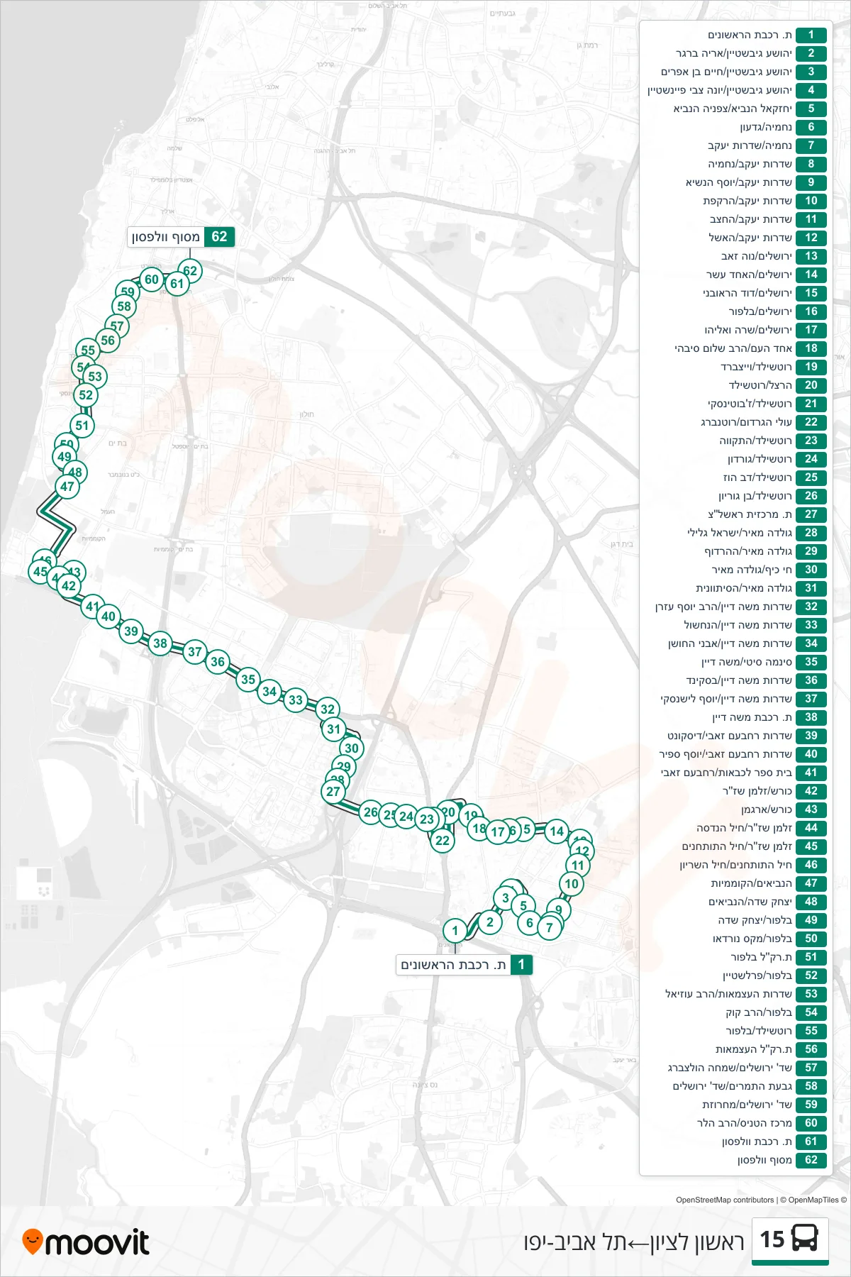 15 bus Line (Rishon LeZion‎→Tel Aviv-Yafo) route and stops on a map