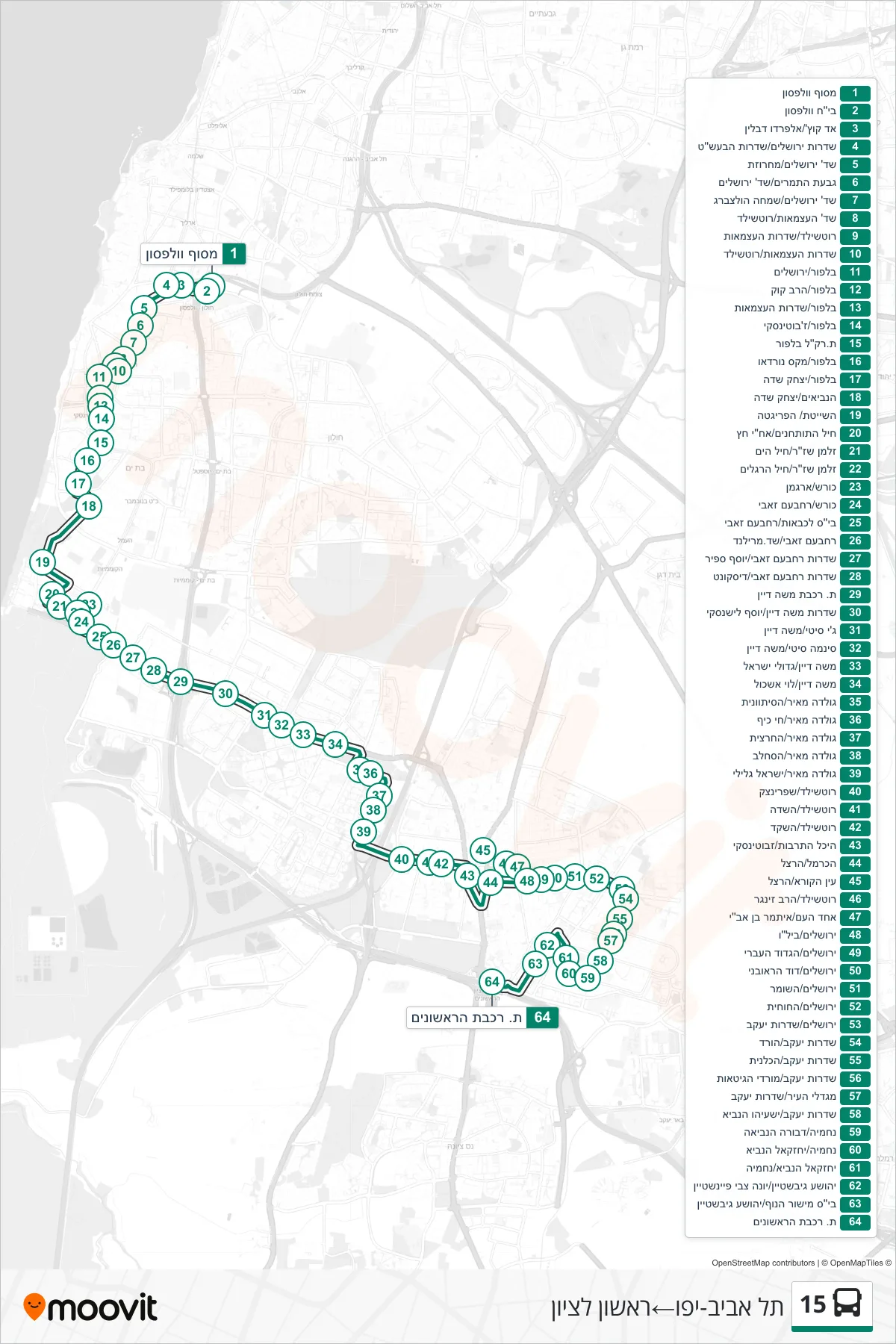15 bus Line (Tel Aviv-Yafo‎→Rishon LeZion) route and stops on a map