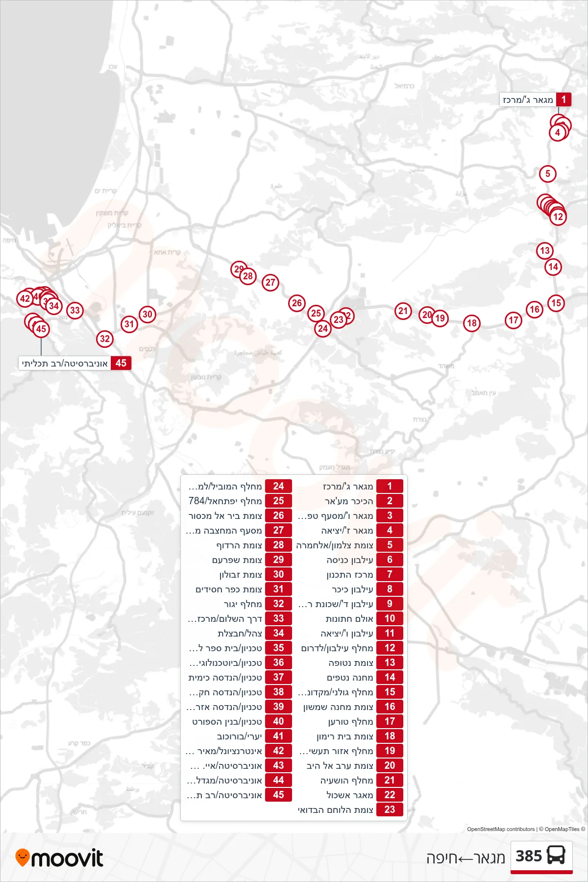 385  Line (Maghar‎→Haifa) route and stops on a map