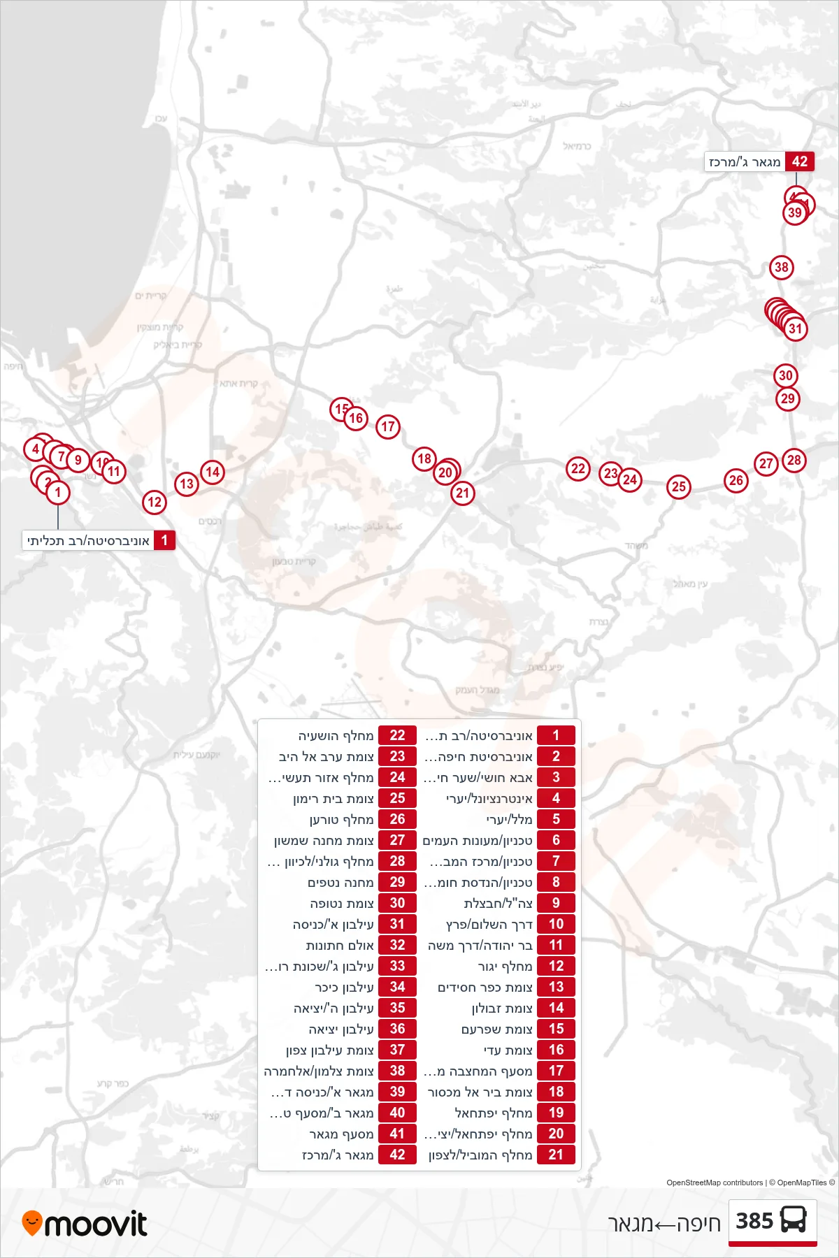 385 bus Line (Haifa‎→Maghar) route and stops on a map