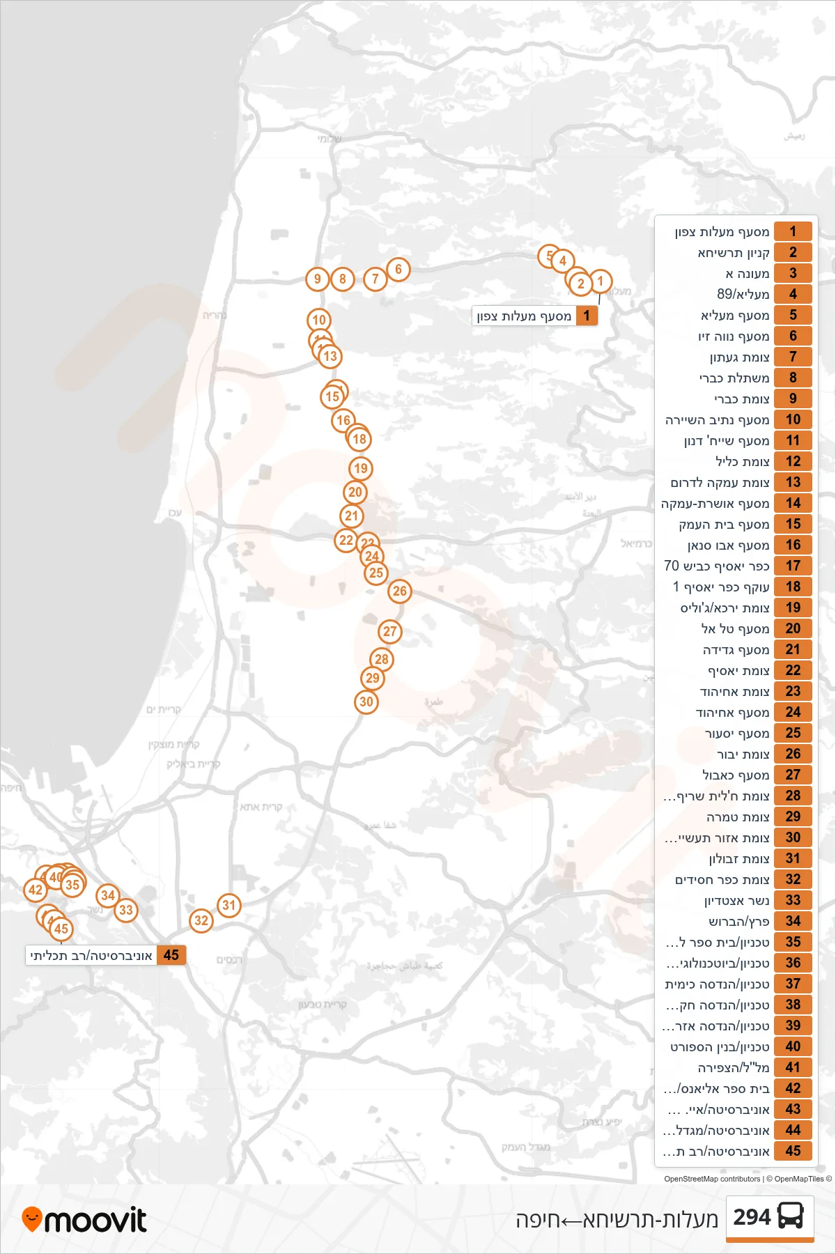 294  Line (Ma'alot-Tarshiha‎→Haifa) route and stops on a map