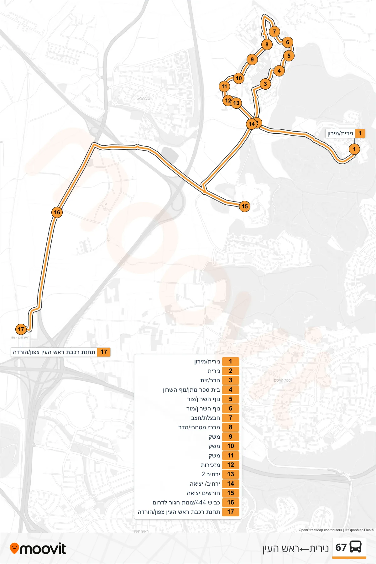 67 bus Line (Nirit‎→Rosh HaAyin) route and stops on a map