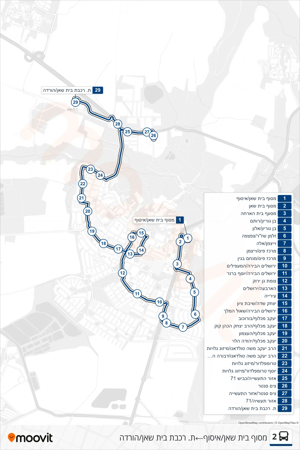 2  Line (Beit Shean Terminal/Pickup‎→Beit Shean Railway Station/Drop-off) route and stops on a map