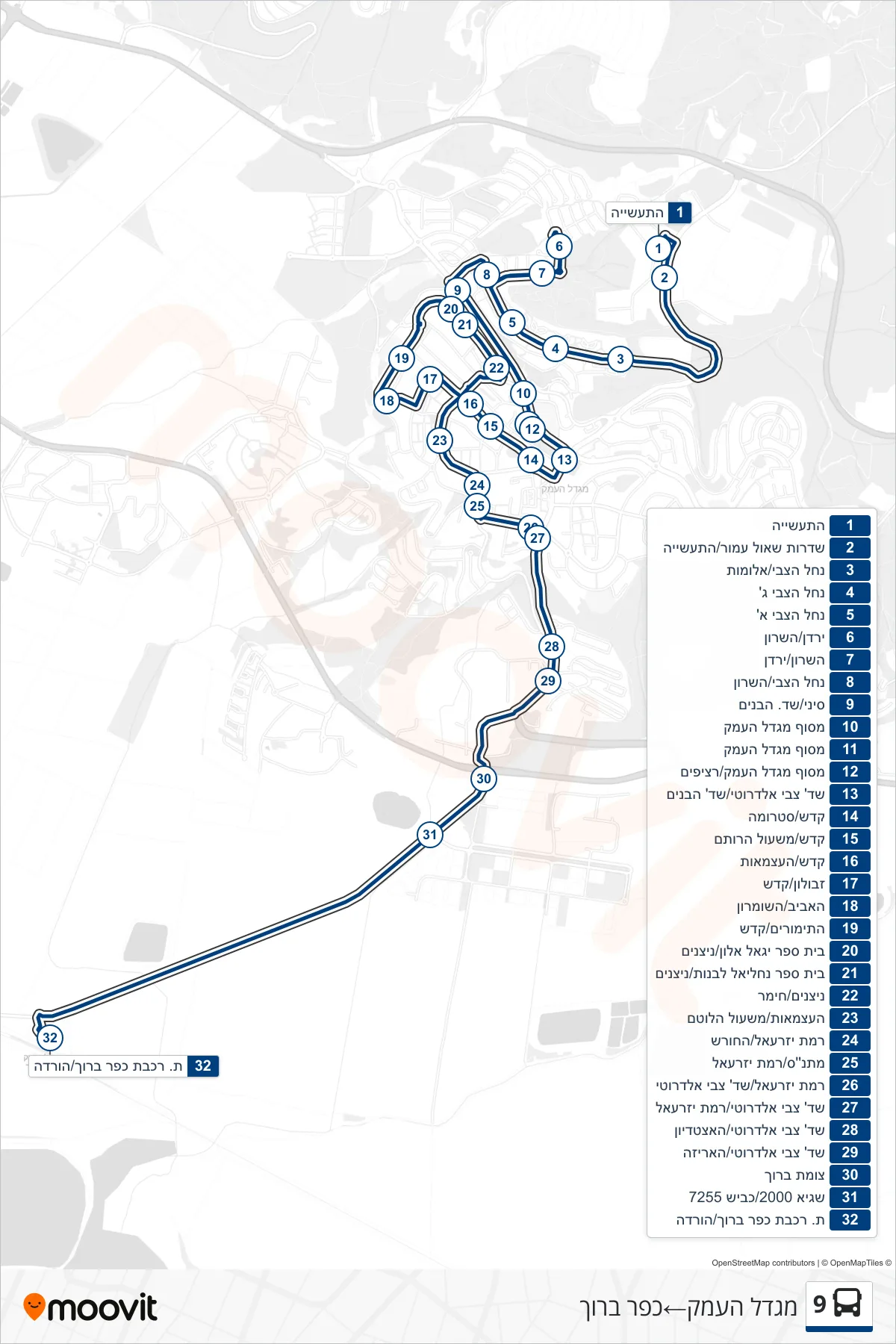 9 bus Line (Migdal HaEmek‎→Kfar Baruch) route and stops on a map