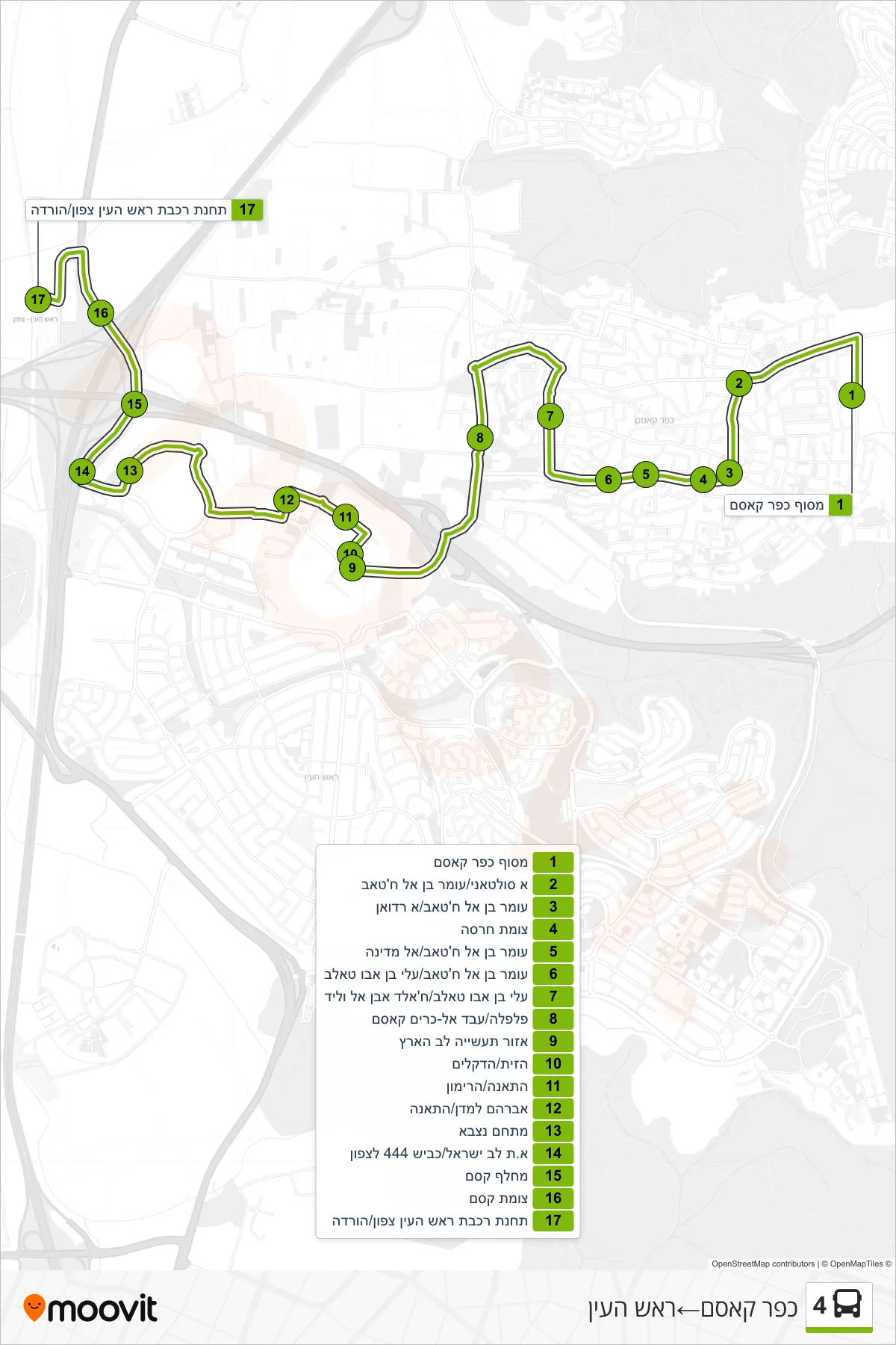 4 bus Line (Kafr Qasim‎→Rosh HaAyin) route and stops on a map