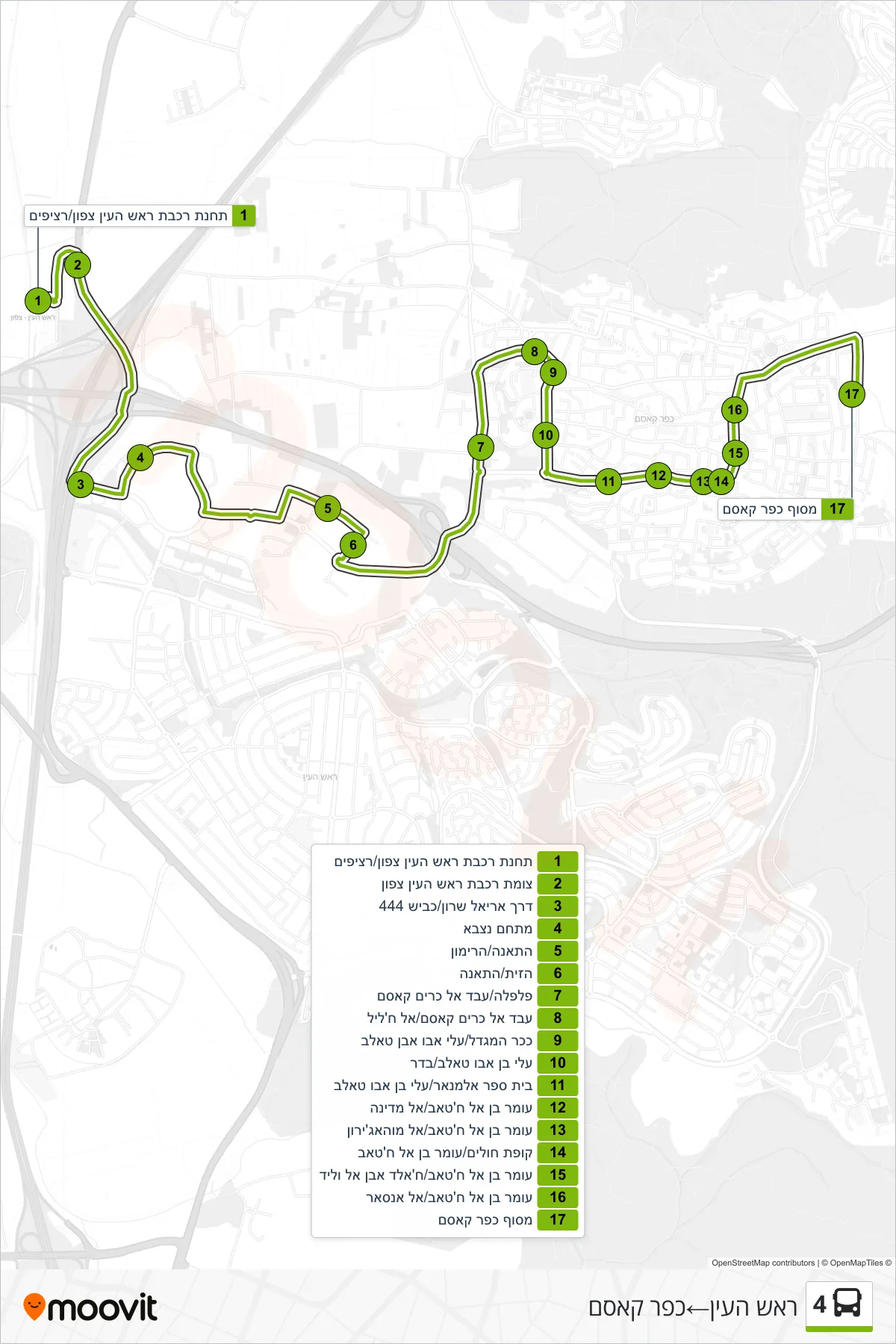 4 bus Line (Rosh HaAyin‎→Kafr Qasim) route and stops on a map