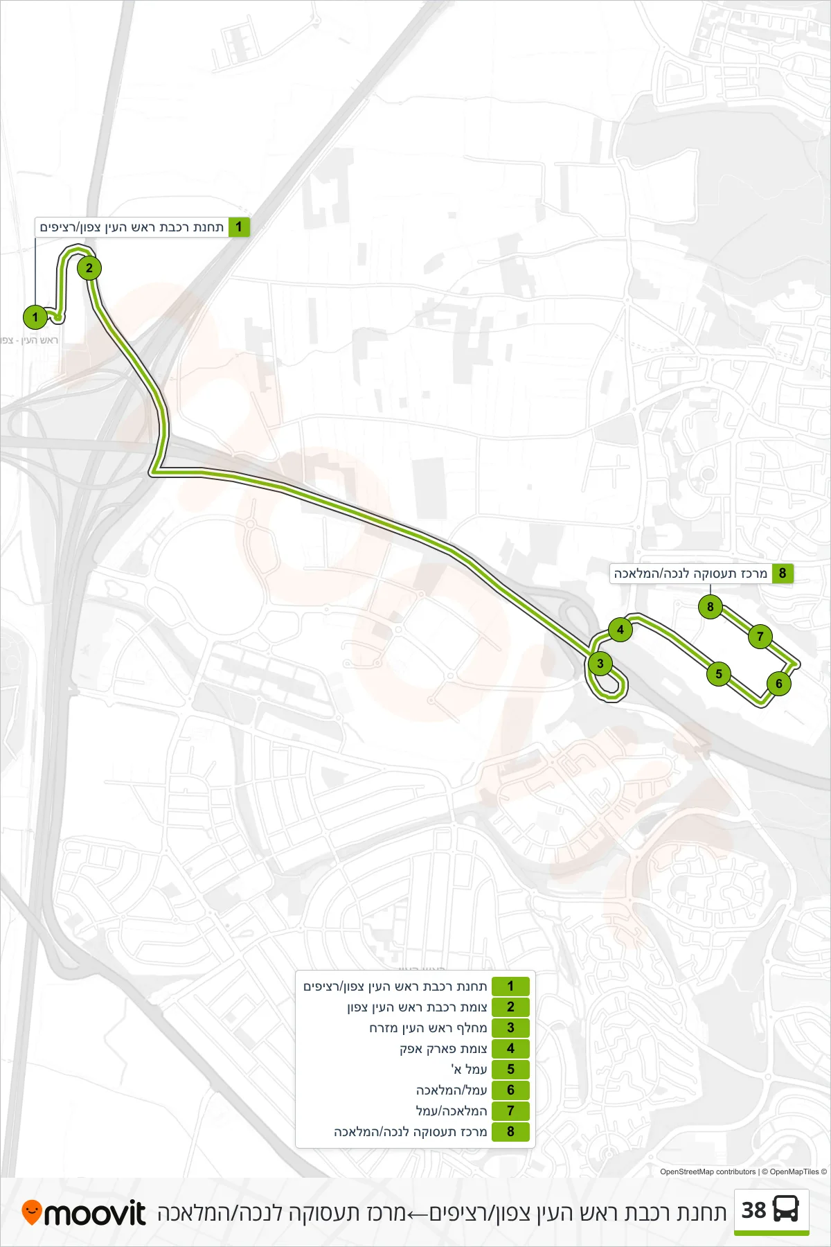 38 bus Line (Rosh HaAyin North Railway Station/Platforms→Employment Center for Disabled/HaMelacha) route and stops on a map