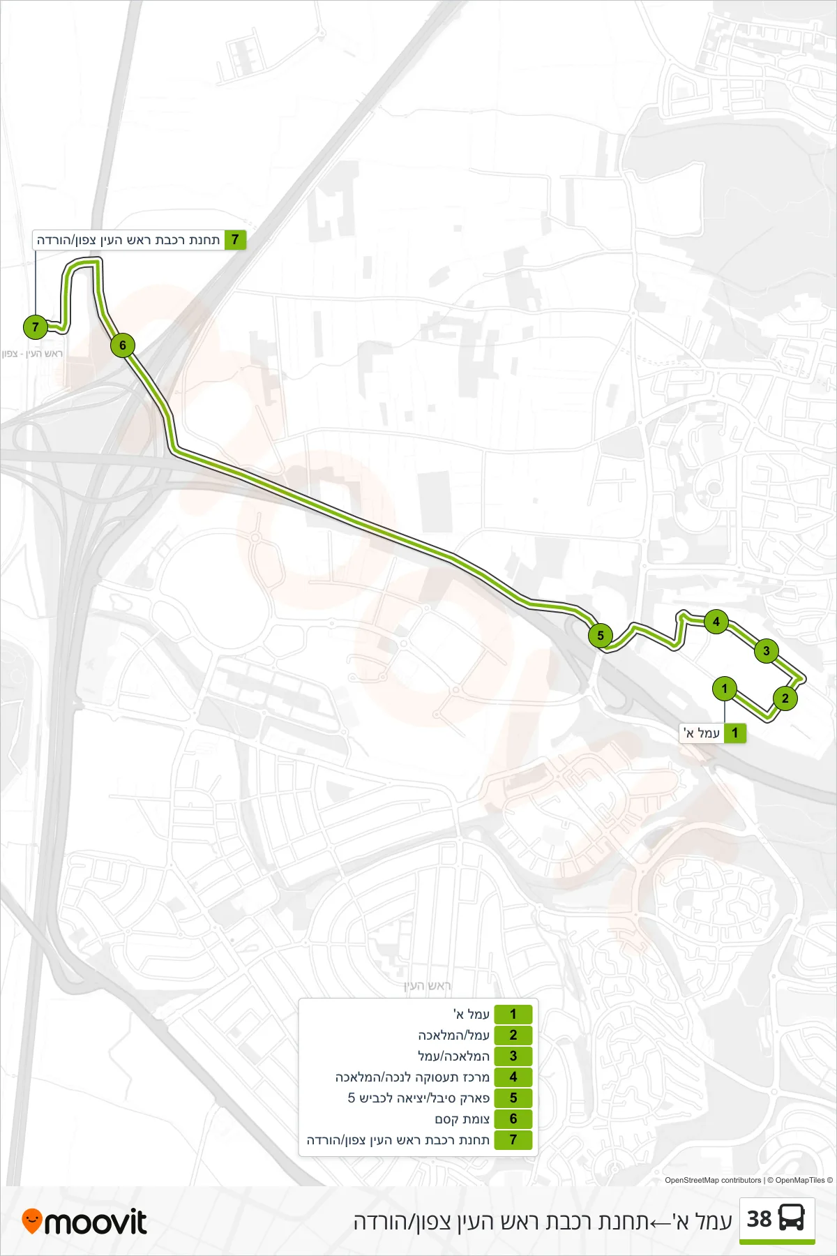38 bus Line (Amal A→Rosh HaAyin North Railway Station/Drop-off) route and stops on a map
