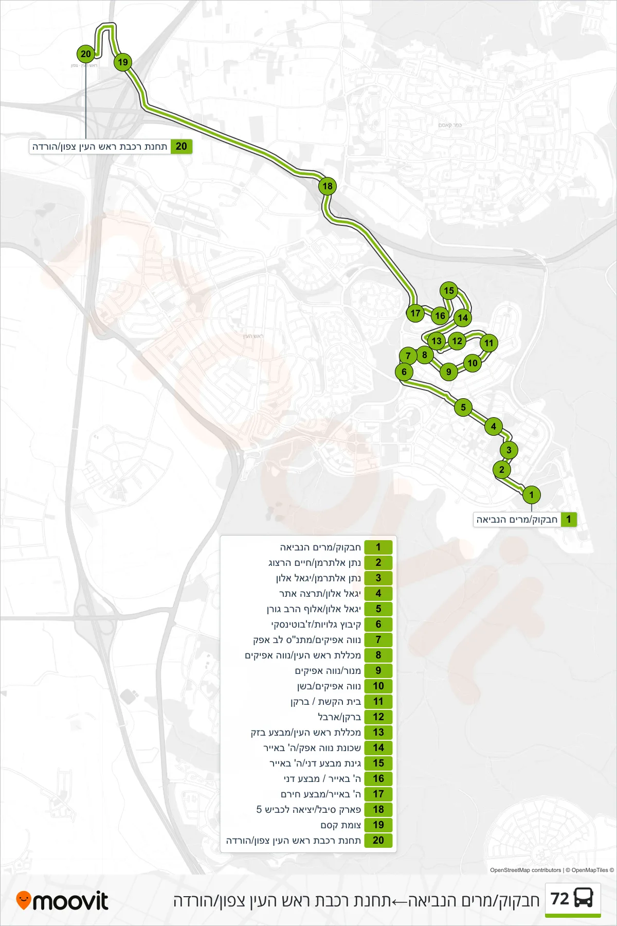 72 bus Line (Habakkuk/Miriam HaNeviah‎→Rosh HaAyin North Railway Station/Drop-off) route and stops on a map