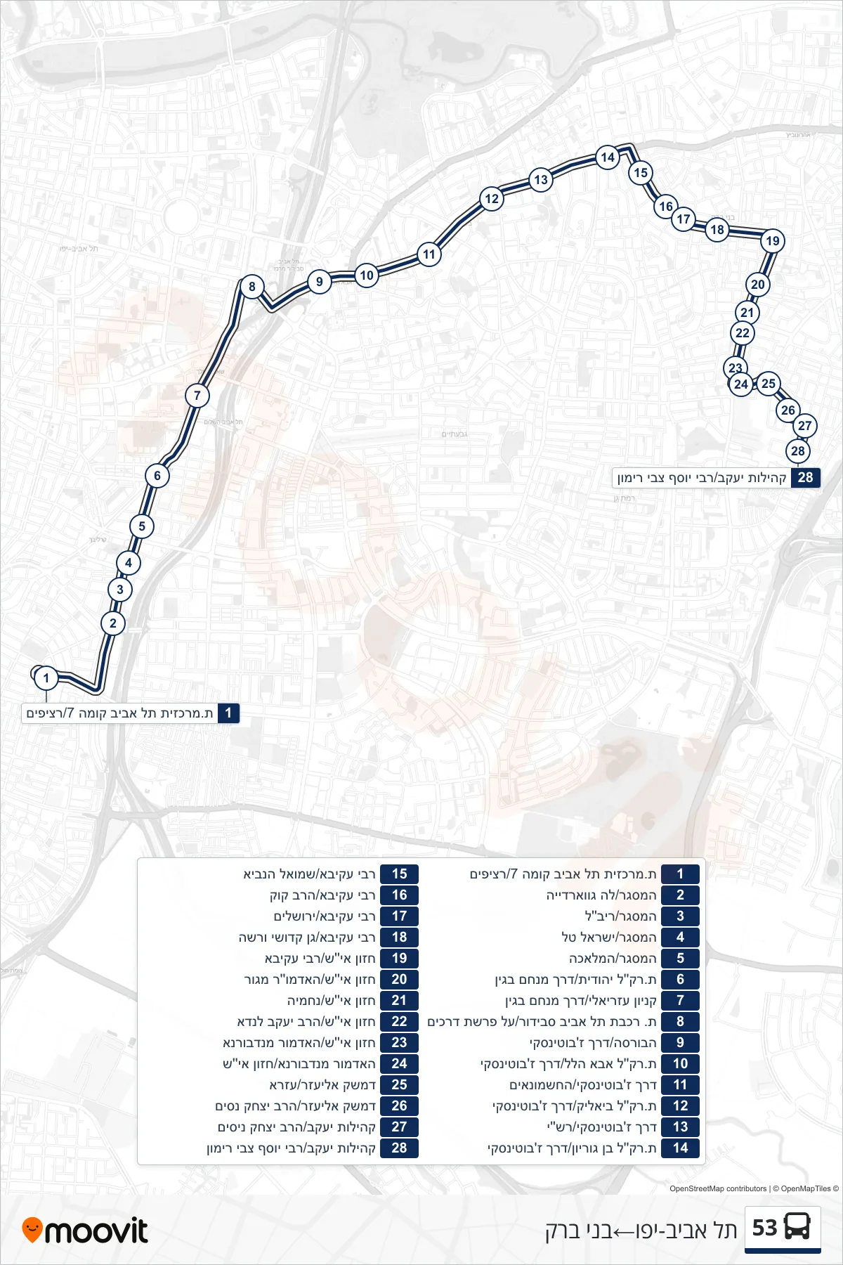 53 bus Line (Tel Aviv-Yafo→Bnei Brak) route and stops on a map