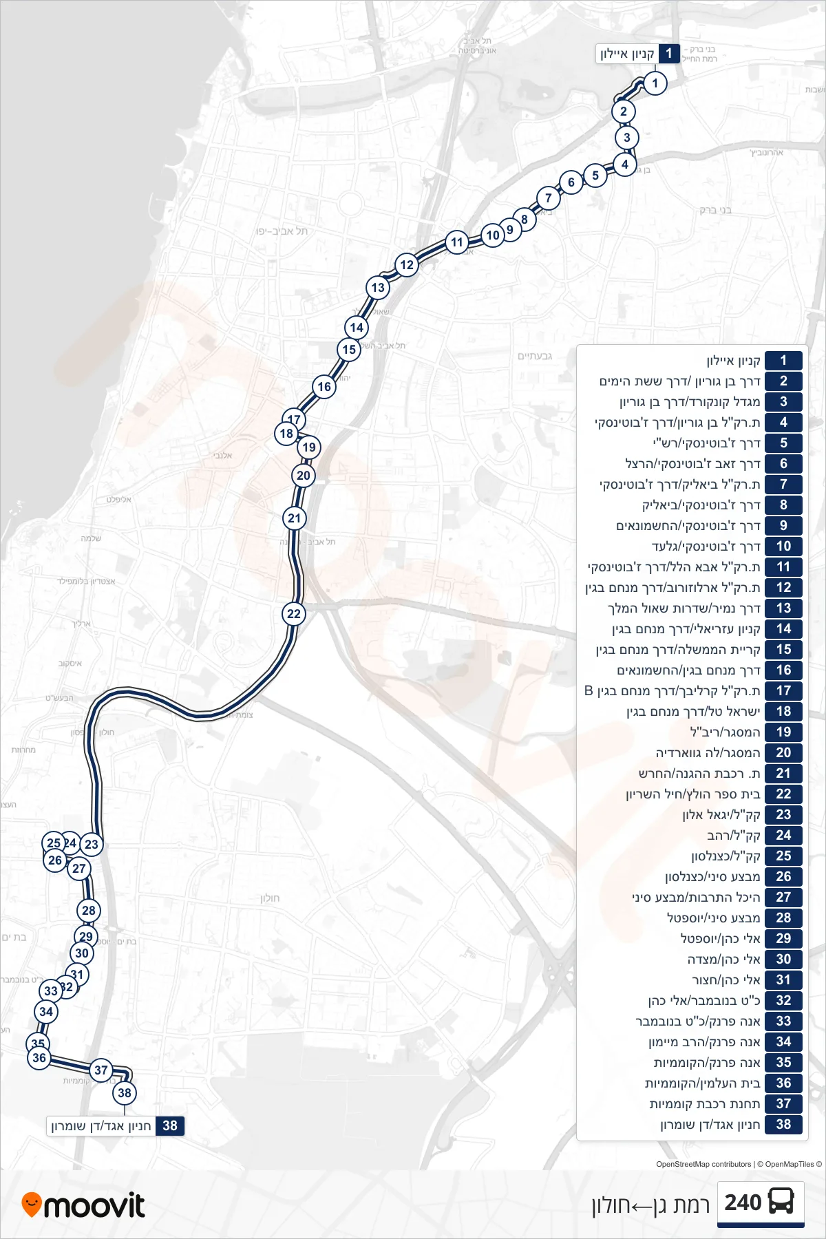 240 bus Line (Ramat Gan‎→Holon) route and stops on a map