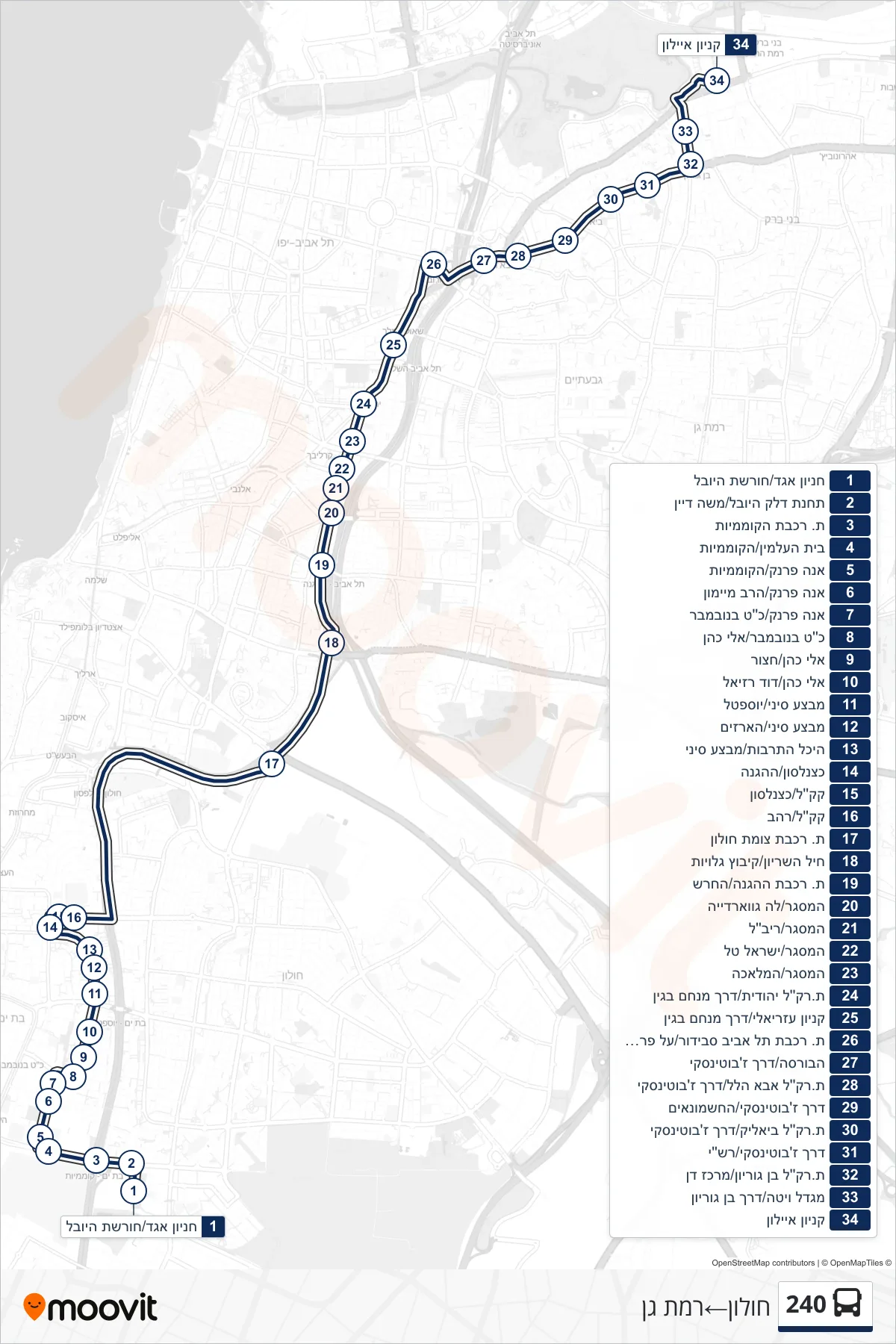 240 bus Line (Holon→Ramat Gan) route and stops on a map