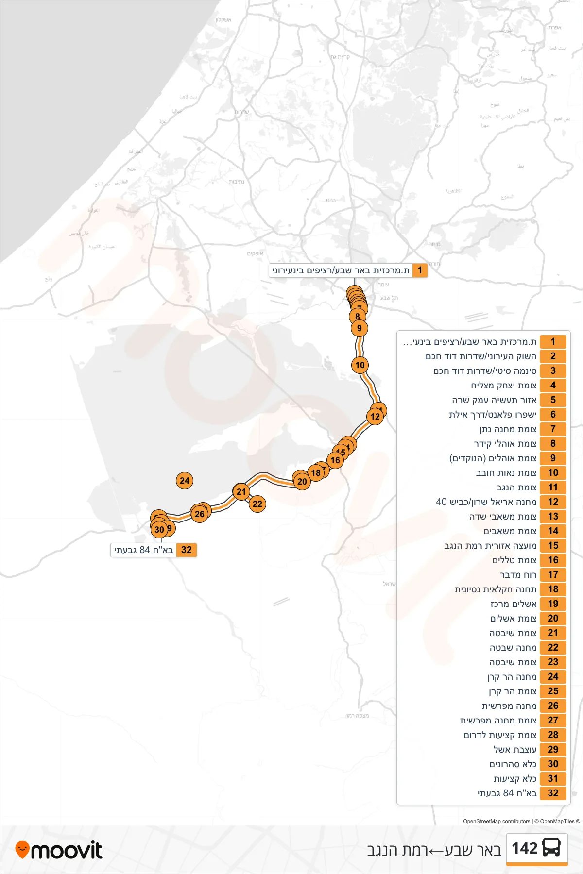 142  Line (Beer Sheva‎→Ramat HaNegev) route and stops on a map