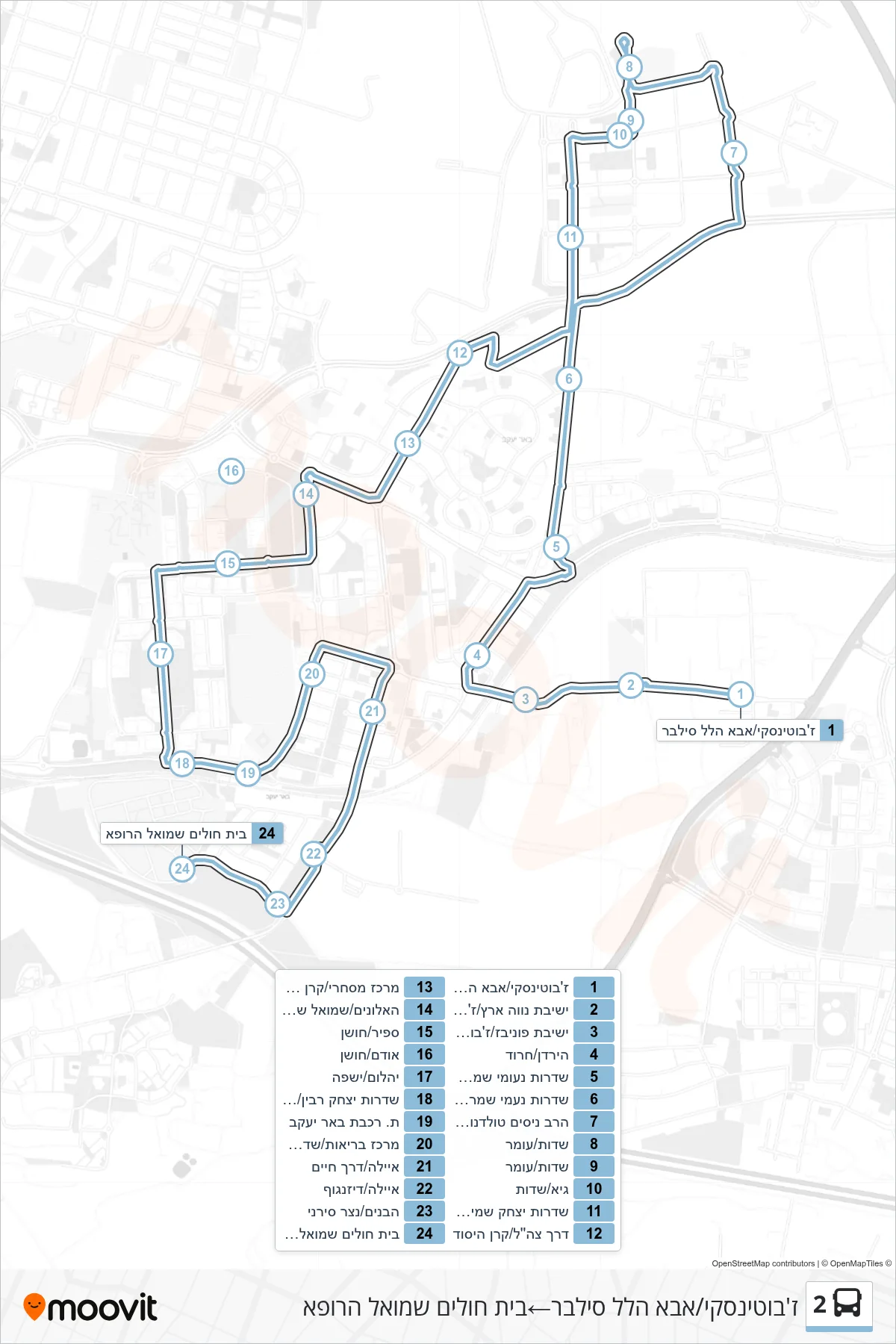 2 bus Line (Jabotinsky/Abba Hillel Silver‎→Shmuel HaRofe Hospital) route and stops on a map