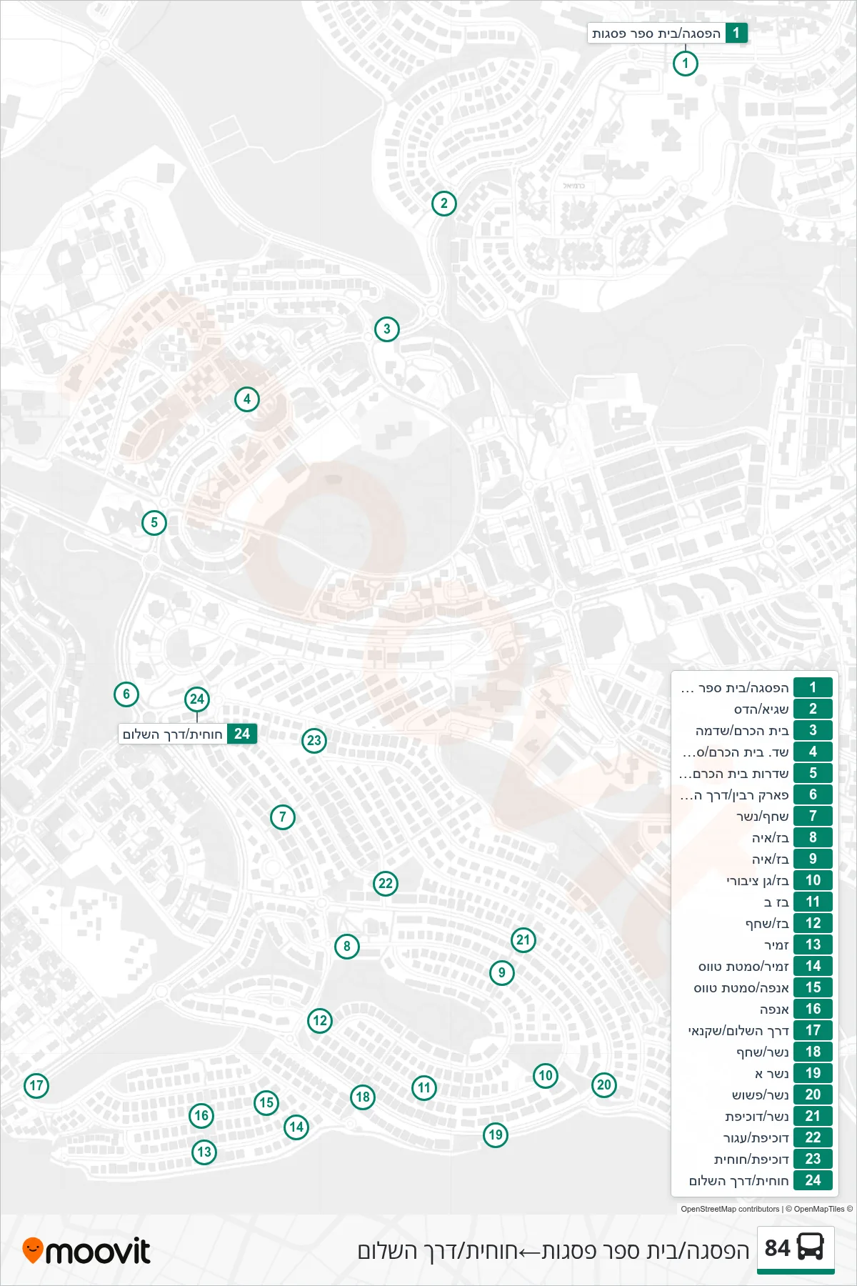 84 bus Line (HaPisga/Pisgot School‎→Hokhit/Peace Road) route and stops on a map