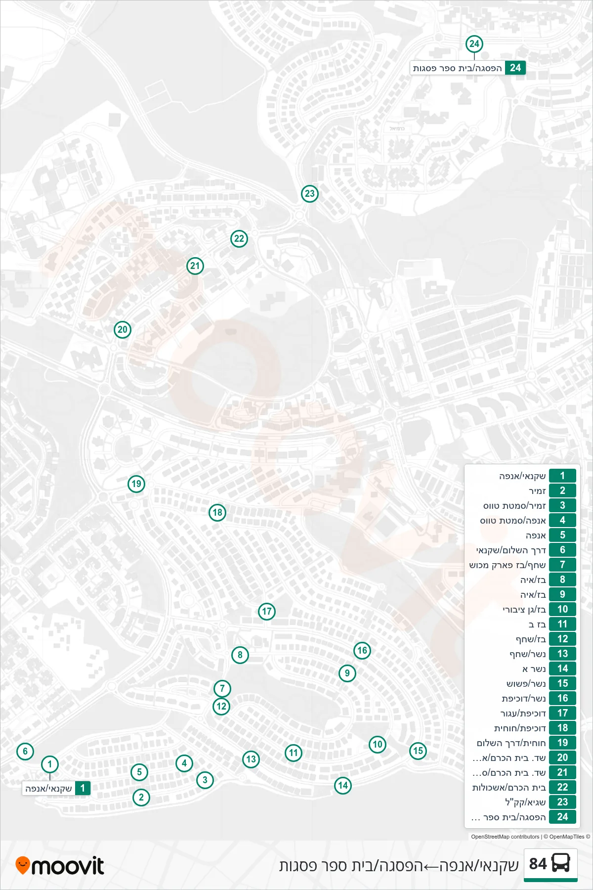 84 bus Line (Shachnai/Anafa‎→HaPisga/Pisgot School) route and stops on a map