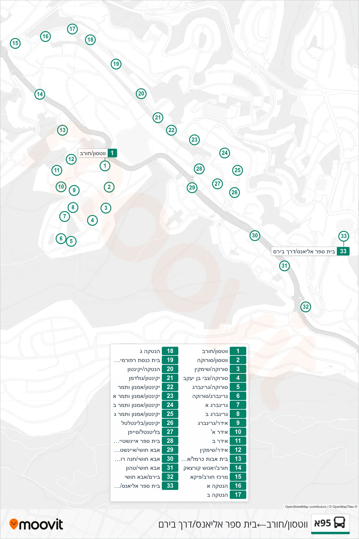 95A bus Line (Watson/Horev‎→Alliance School/Biram Road) route and stops on a map