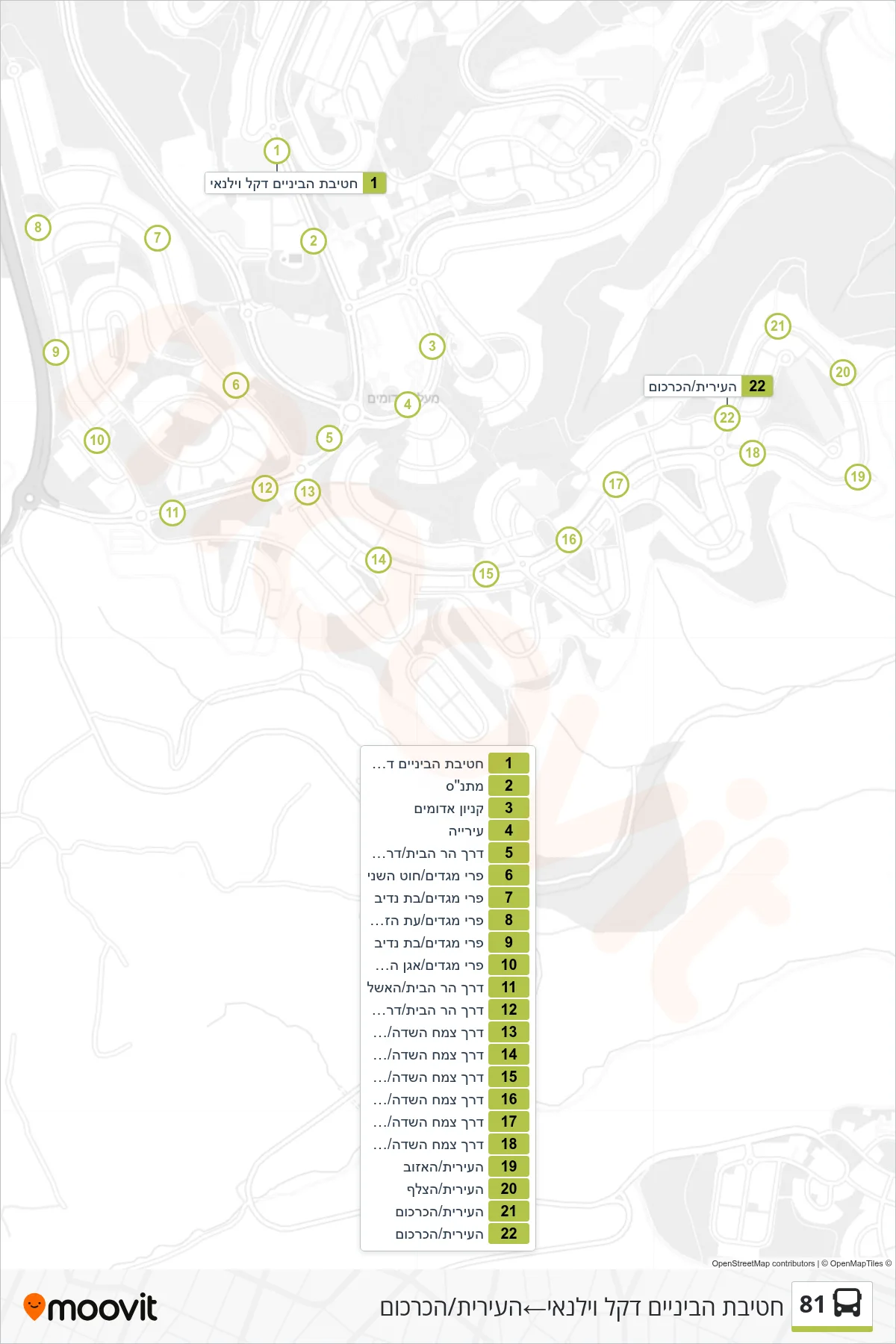 81  Line (Dekel Vilnai Middle School‎→HaIrit/HaKarkom) route and stops on a map