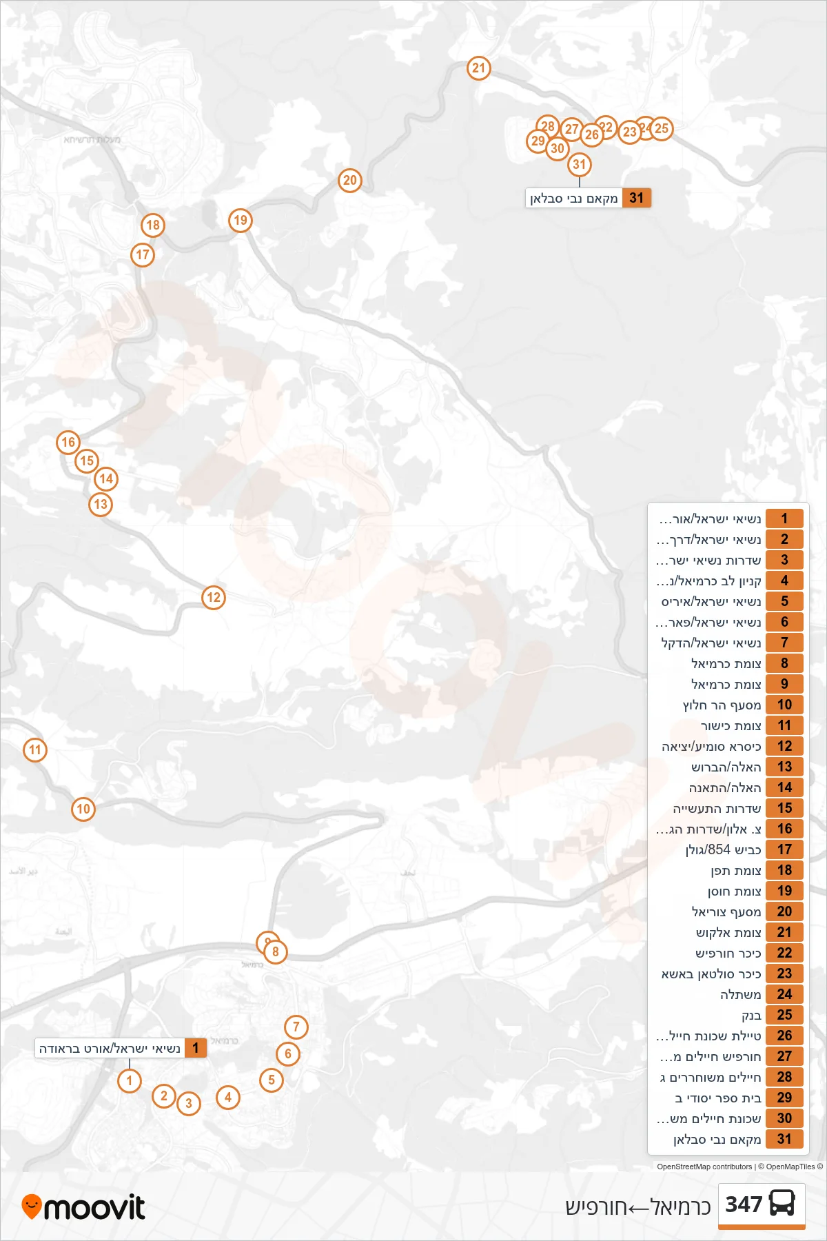 347 bus Line (Carmiel‎→Hurfeish) route and stops on a map