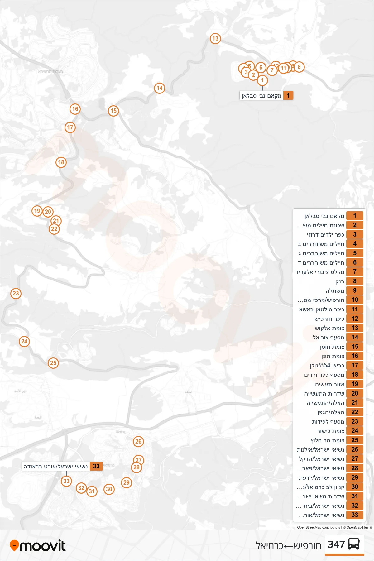 347 bus Line (Hurfeish‎→Carmiel) route and stops on a map