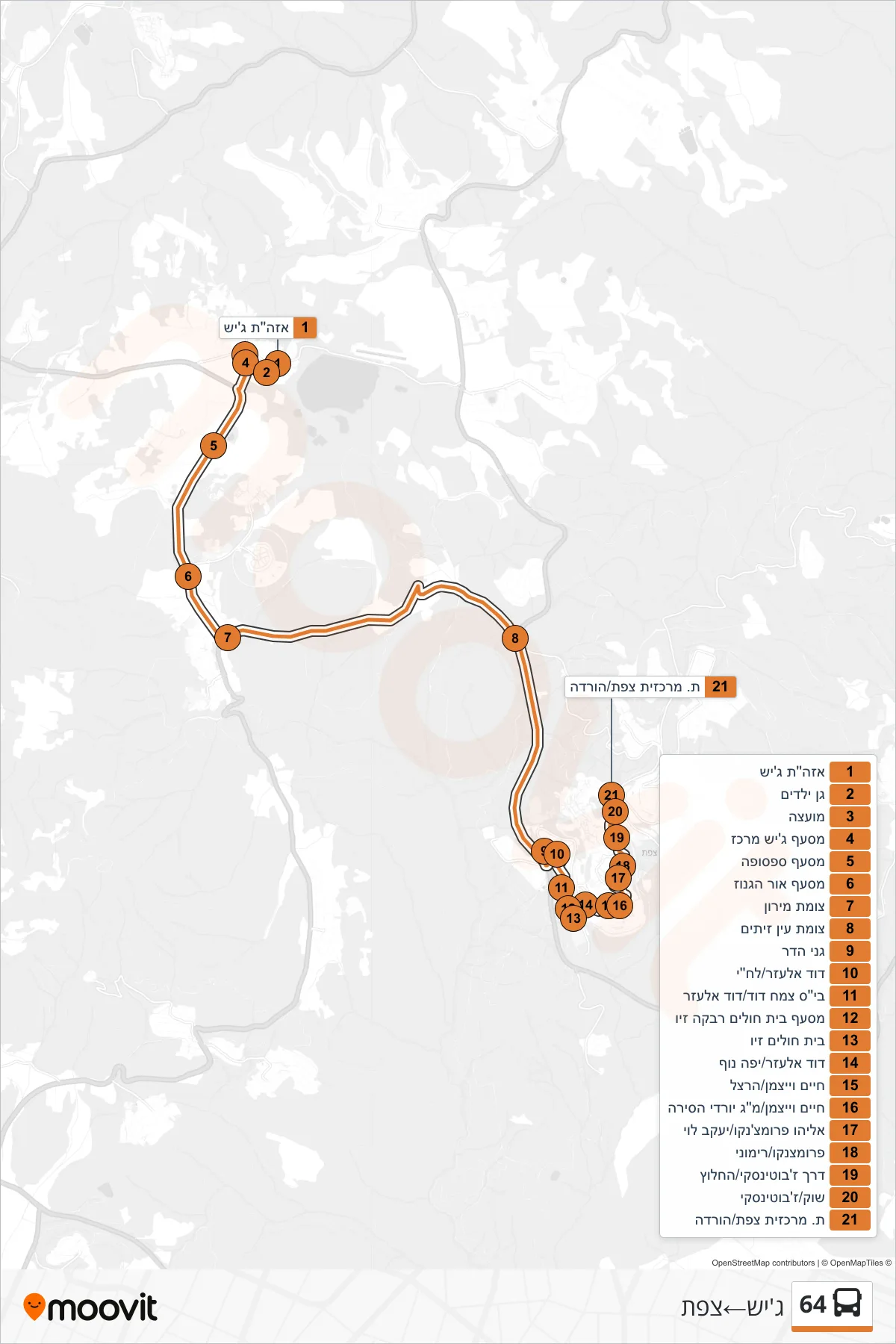 64 bus Line (Jish‎→Safed) route and stops on a map