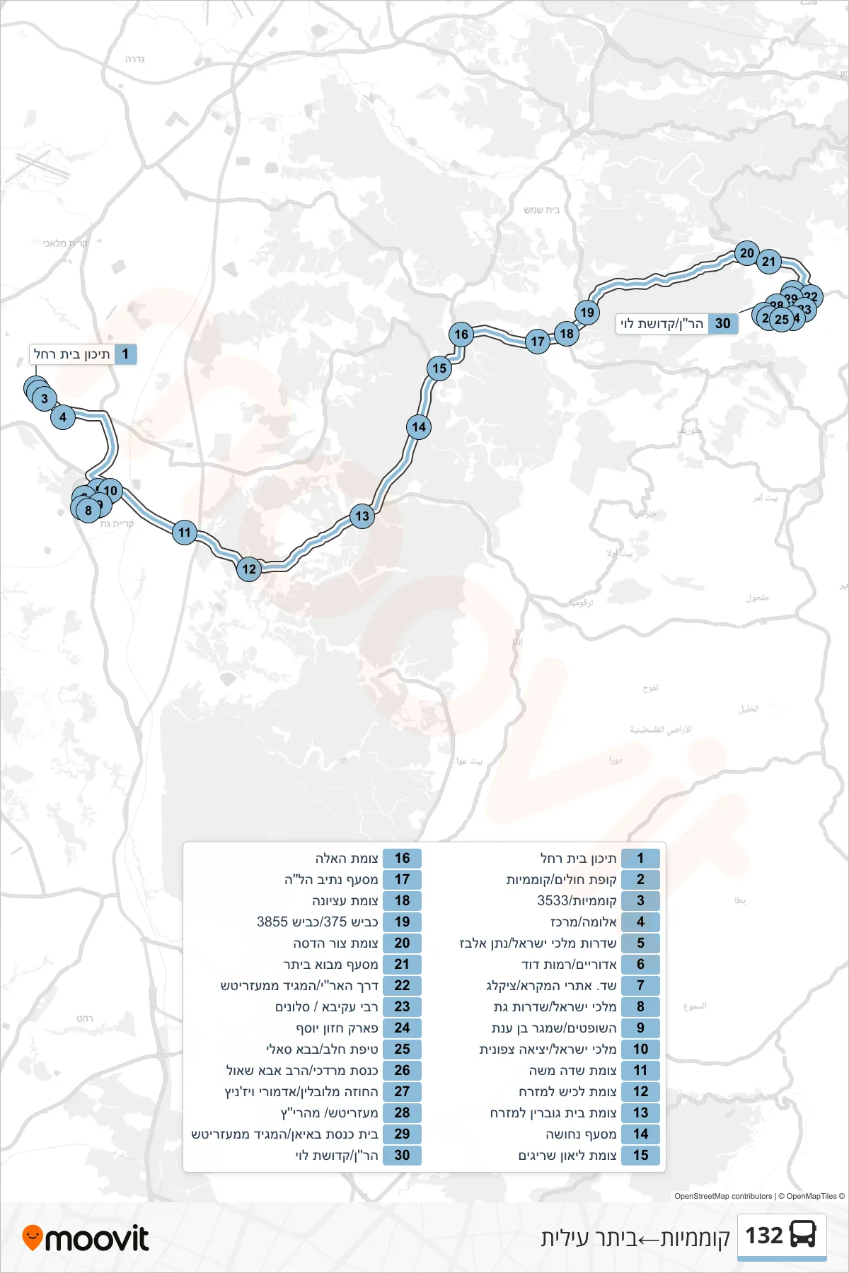 132 bus Line (Komemiyut→Beitar Illit) route and stops on a map