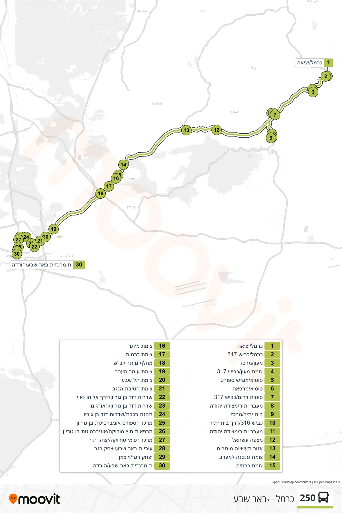250 bus Line (Carmel‎→Beer Sheva) route and stops on a map