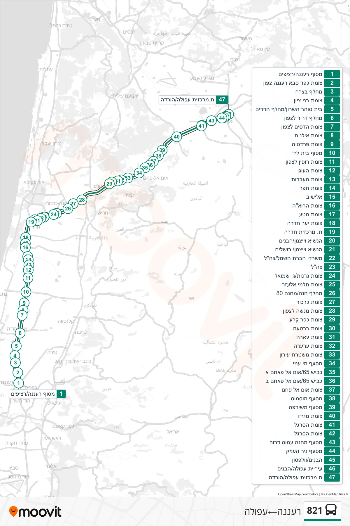821 bus Line (Ra'anana→Afula) route and stops on a map