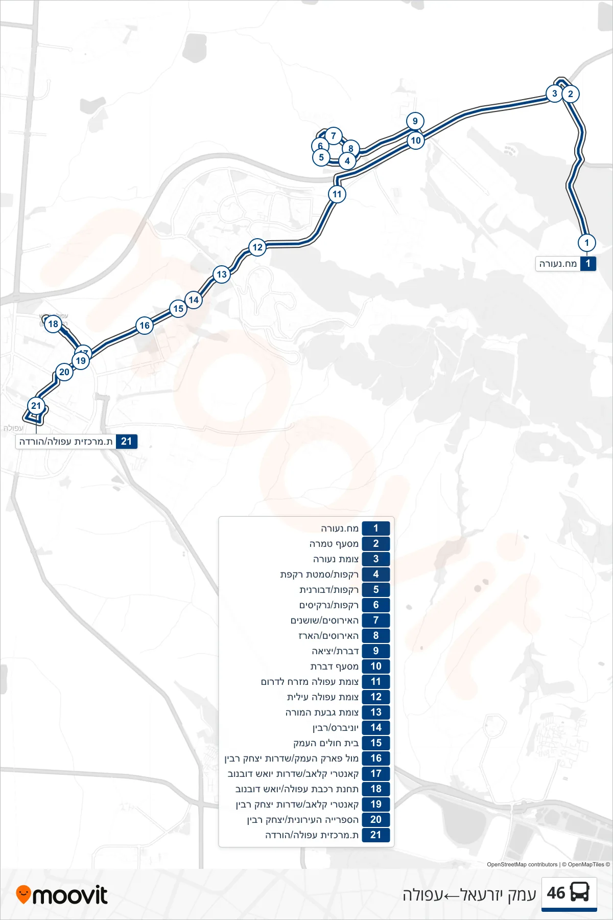 46 bus Line (Emek Yizre'el‎→Afula) route and stops on a map