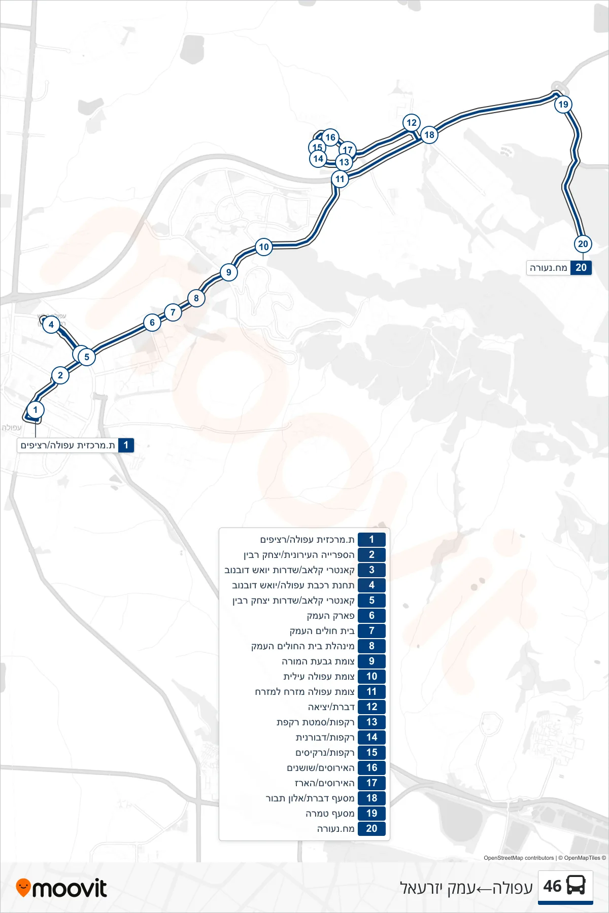 46 bus Line (Afula‎→Emek Yizre'el) route and stops on a map