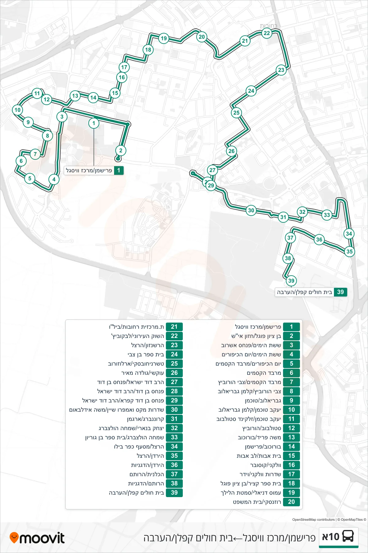10A bus Line (Frishman/Weissgal Center→Kaplan Hospital/HaArava) route and stops on a map