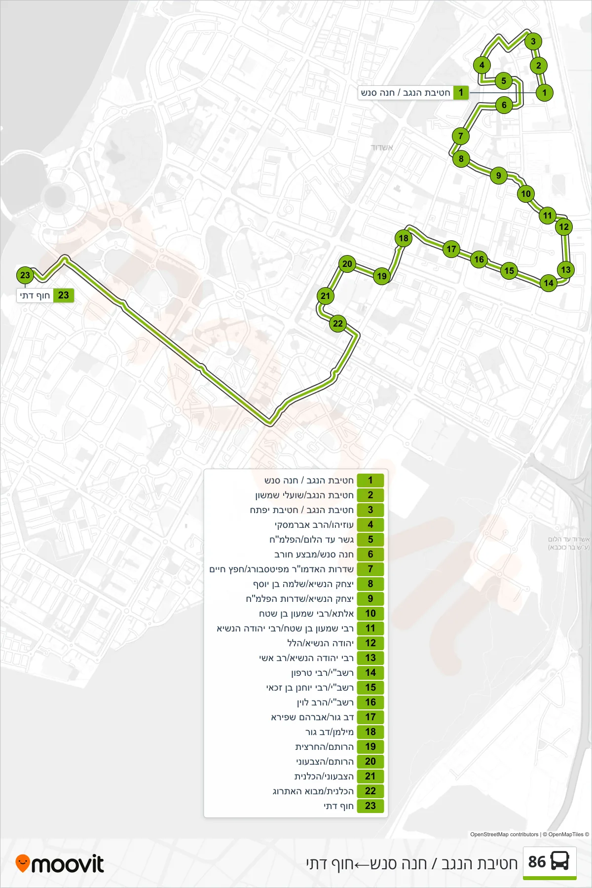 86 bus Line (Hativat HaNegev/Hannah Senesh→Religious Beach) route and stops on a map