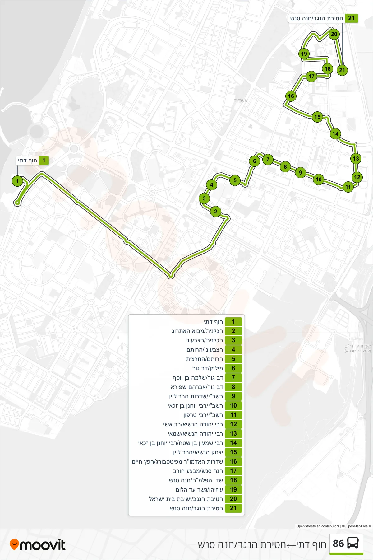 86 bus Line (Religious Beach→Hativat HaNegev/Hannah Senesh) route and stops on a map