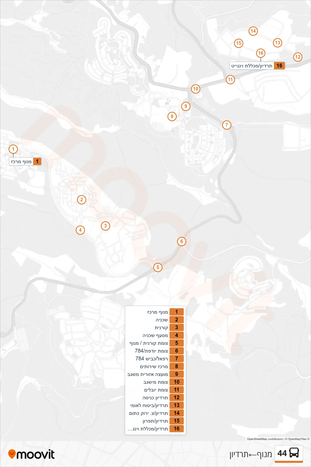 44 bus Line (Manof‎→Teradyon) route and stops on a map