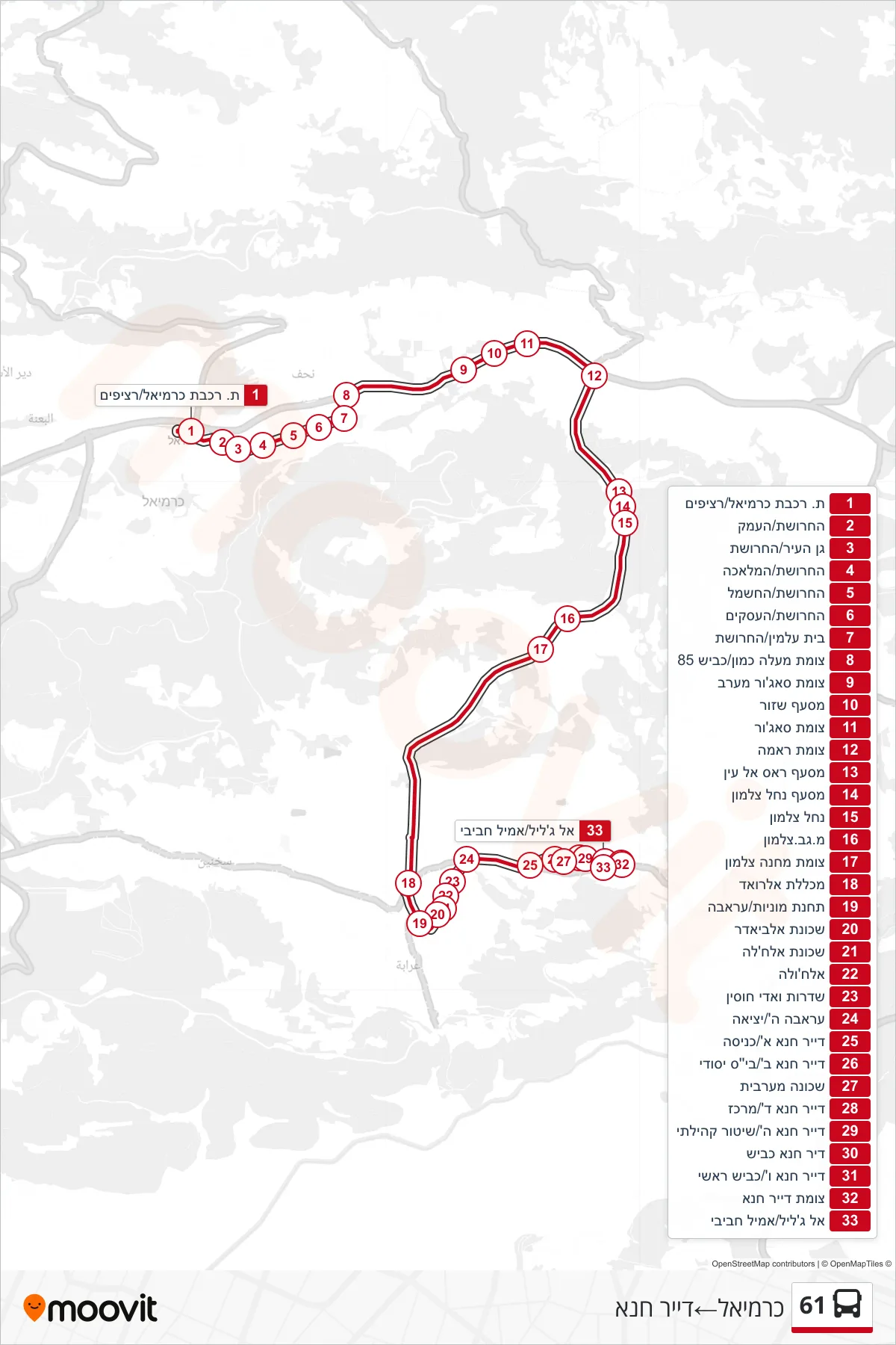 61  Line (Carmiel‎→Deir Hanna) route and stops on a map