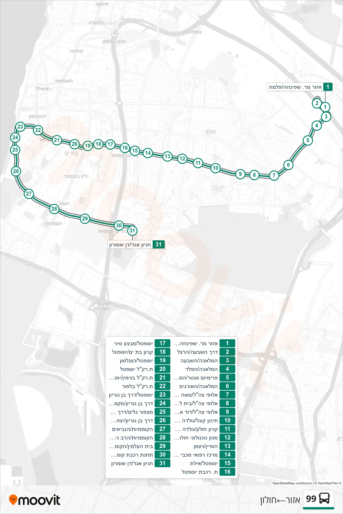 99  Line (Azor‎→Holon) route and stops on a map