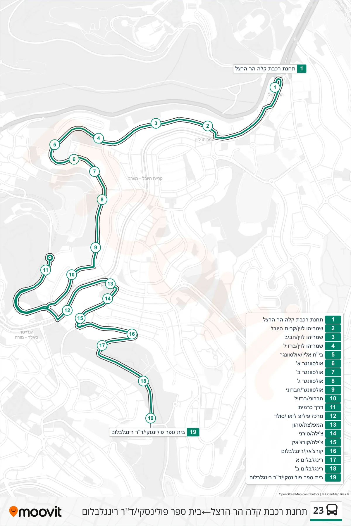 23  Line (Mount Herzl Light Rail Station‎→Polinsky School/Dr. Ringelblum) route and stops on a map