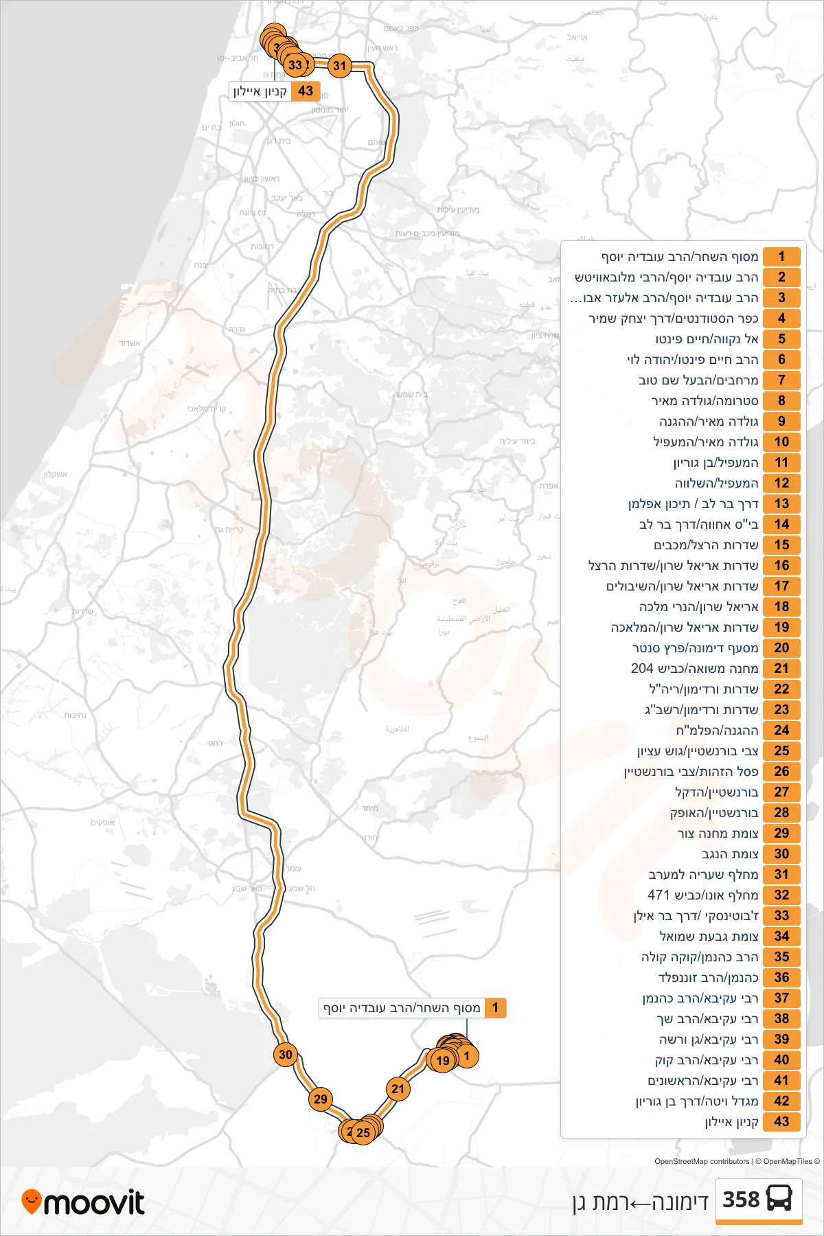 358 bus Line (Dimona‎→Ramat Gan) route and stops on a map