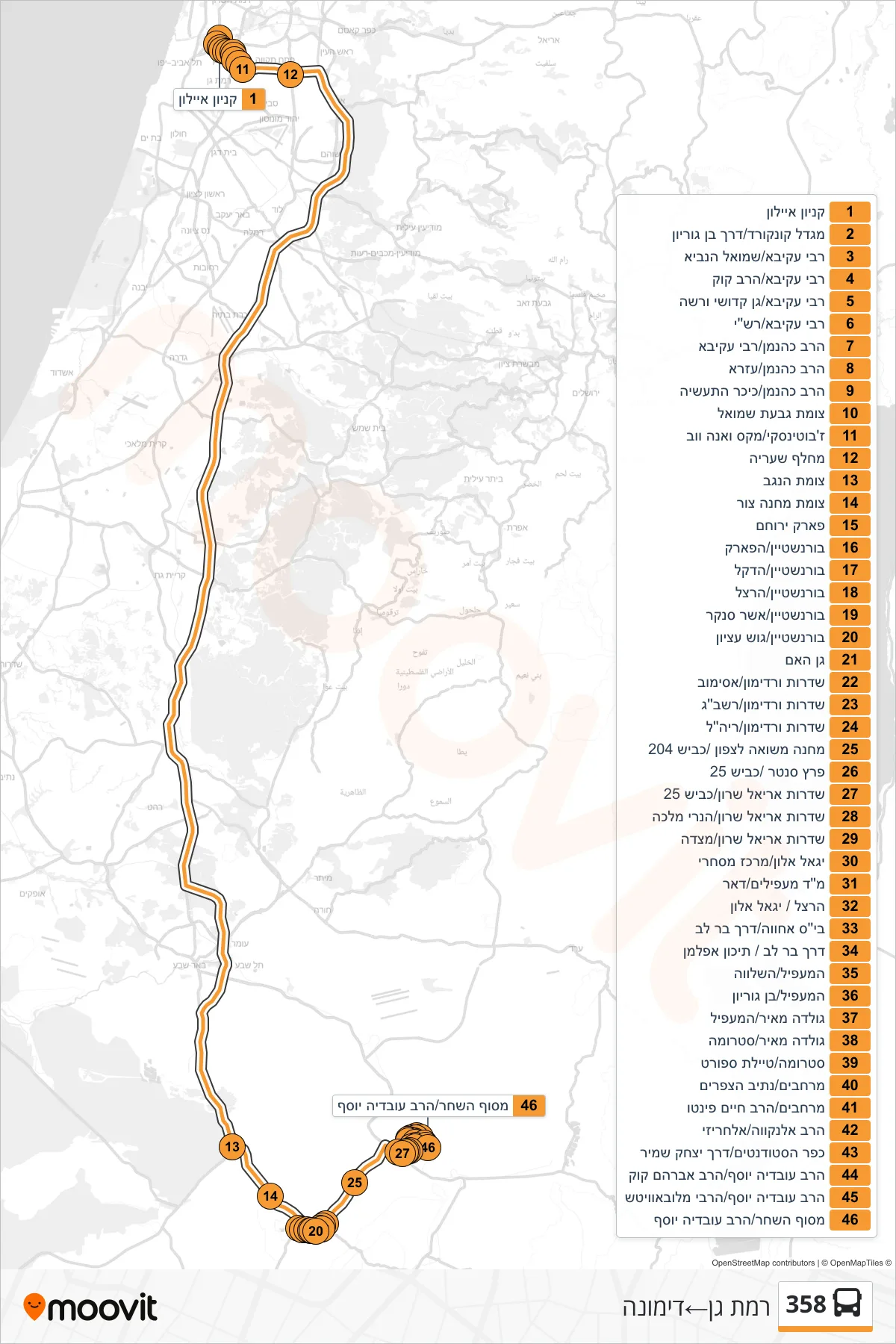 358 bus Line (Ramat Gan‎→Dimona) route and stops on a map