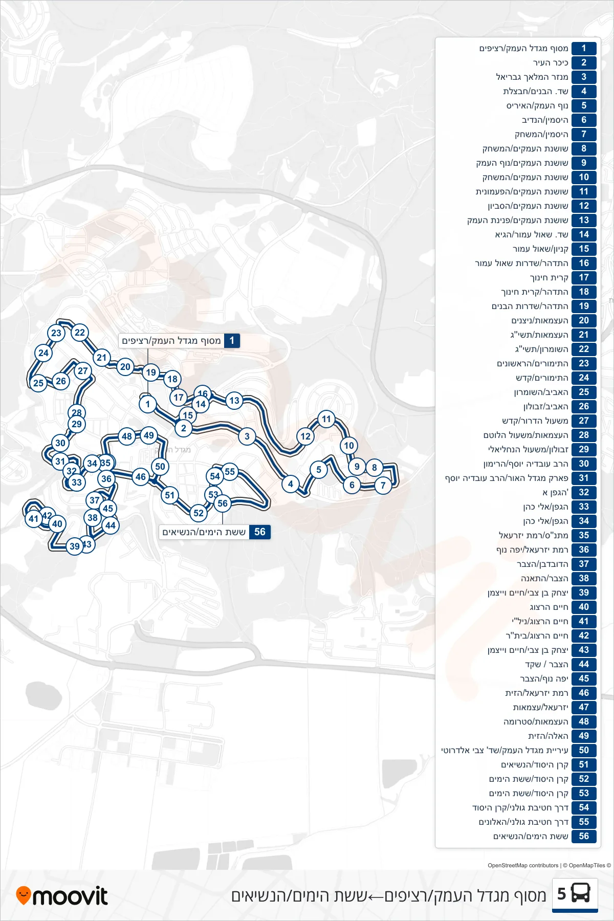 5  Line (Migdal HaEmek Terminal/Platforms‎→Sheshet HaYamim/HaNesiim) route and stops on a map