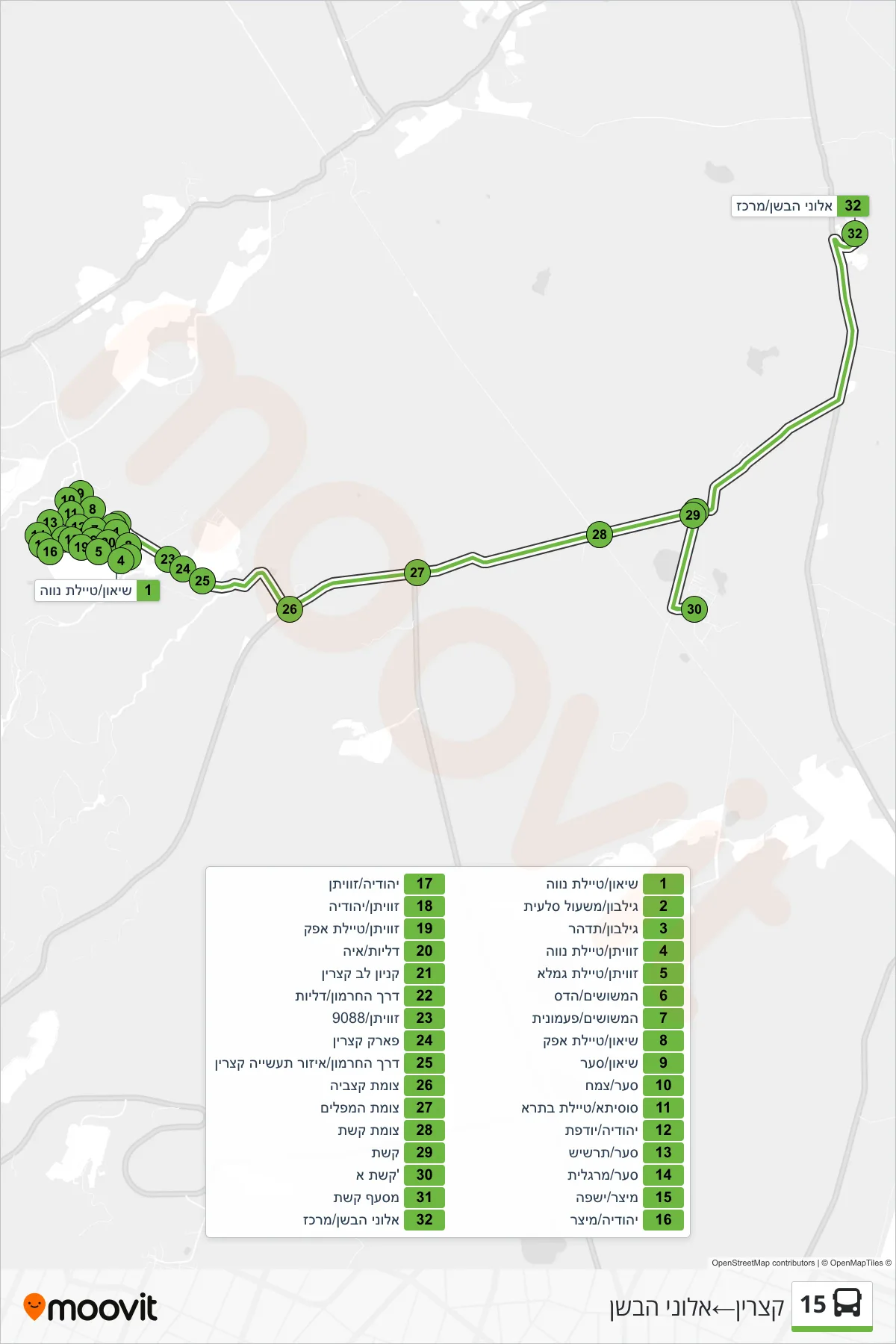 15 bus Line (Katzrin‎→Alonei HaBashan) route and stops on a map