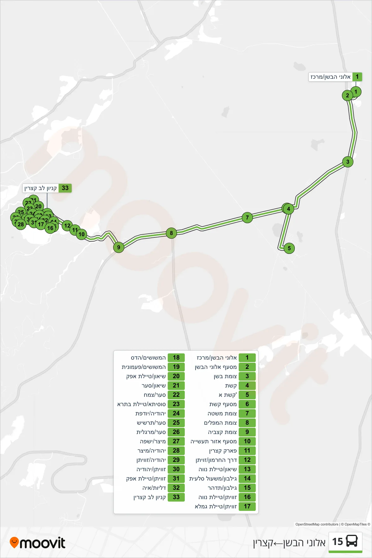 15 bus Line (Alonei HaBashan‎→Katzrin) route and stops on a map