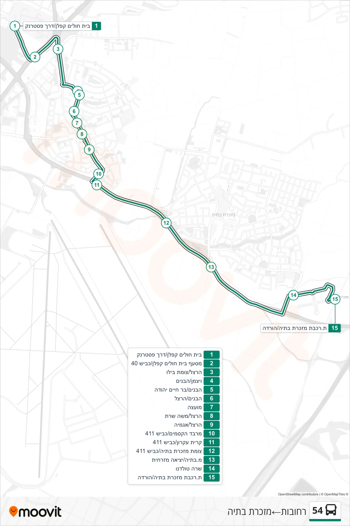 54  Line (Rehovot‎→Mazkeret Batya) route and stops on a map